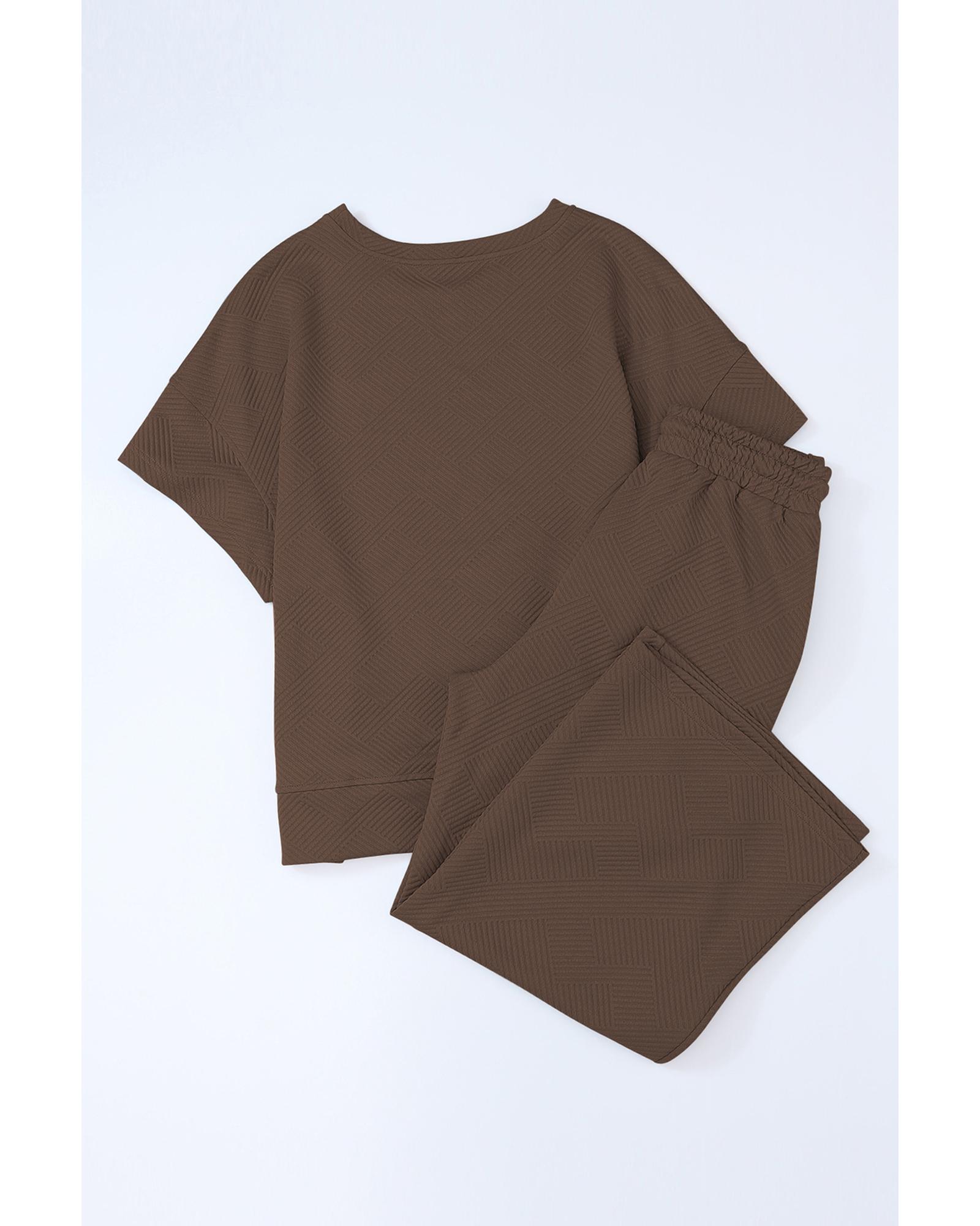 V539-AZEXDC625264-17-S-202506142221-05 Brown Textured Loose Fit T Shirt and Drawstring Pants Set - S - Image 6