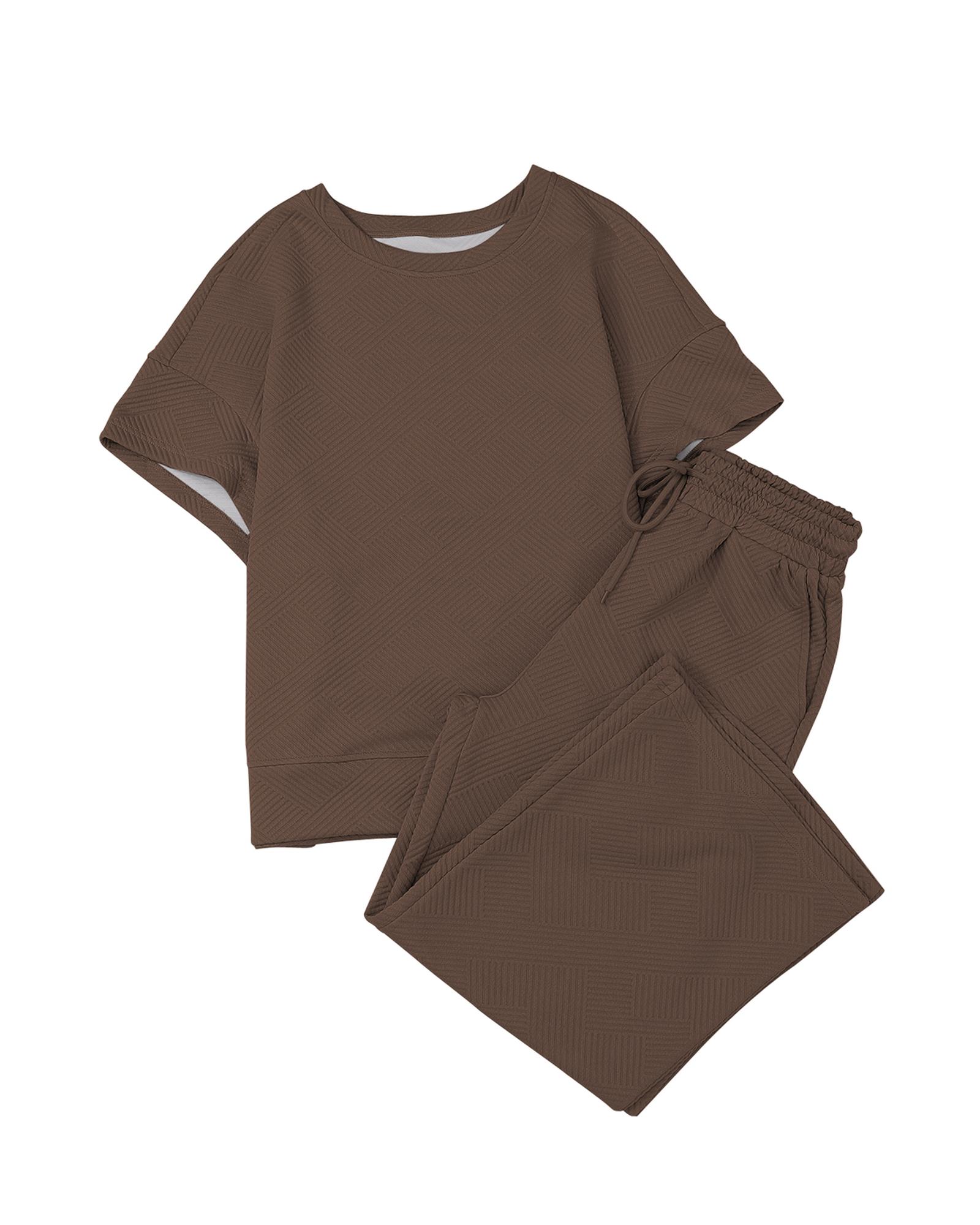 V539-AZEXDC625264-17-XL-202508281940-01 Brown Textured Loose Fit T Shirt and Drawstring Pants Set - XL - Image 2
