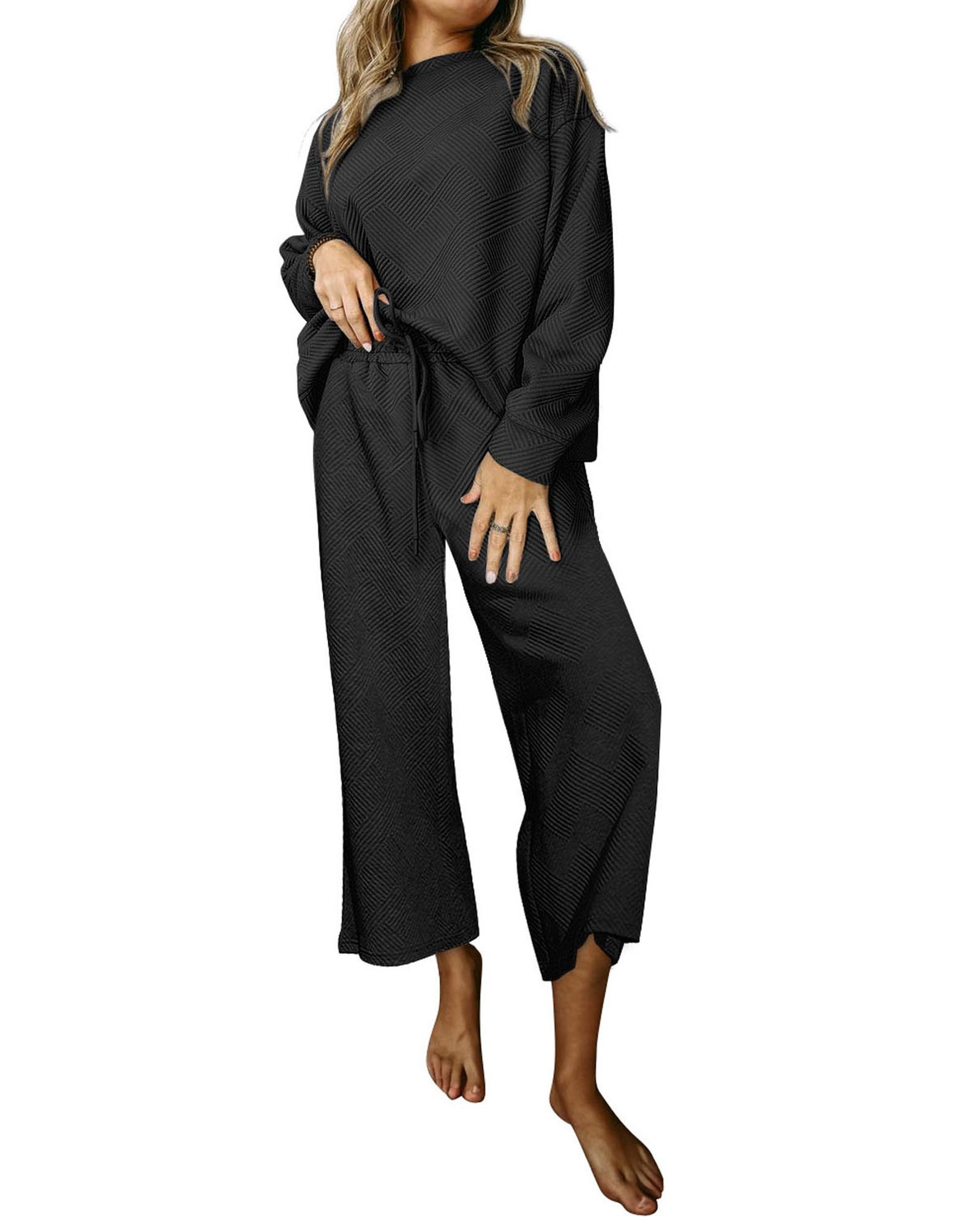 V539-AZEXDC625266-2-M-202508282310-00 Black Ultra Loose Textured 2pcs Slouchy Outfit - M - Image 1