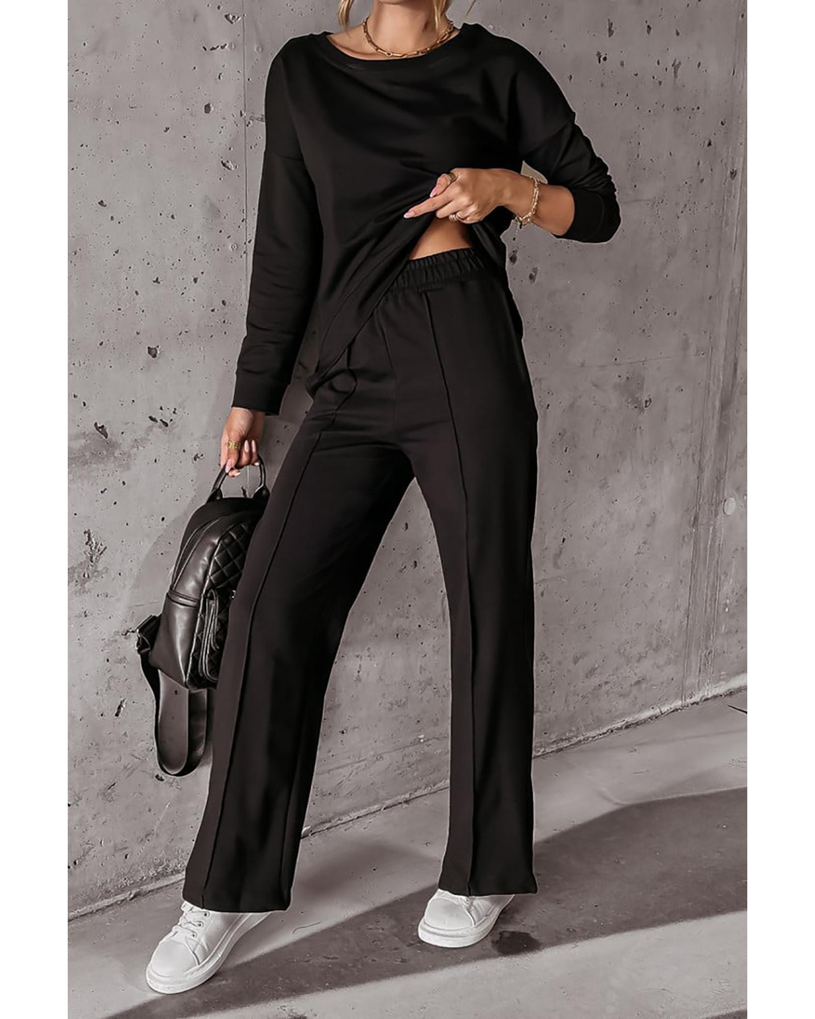 V539-AZEXDC625439-P2-M-202506142007-00 Black Solid Pullover and Seamed Casual Pants Set - M - Image 1