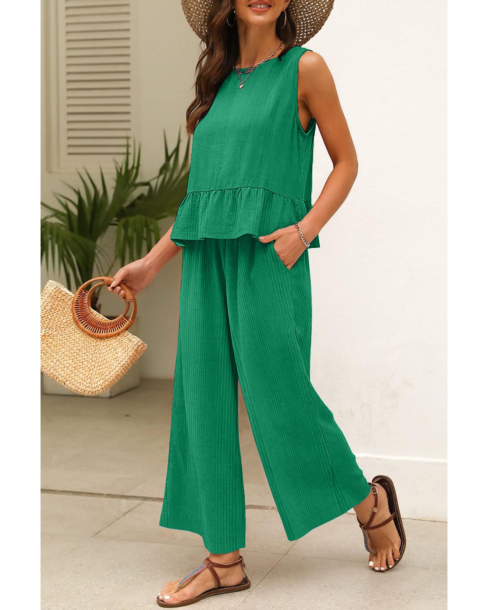 V539-AZEXDC625498-P9-M-202508301045-00 Green Solid Color Ribbed Ruffle Tank Top and Pants Set - M - Image 1