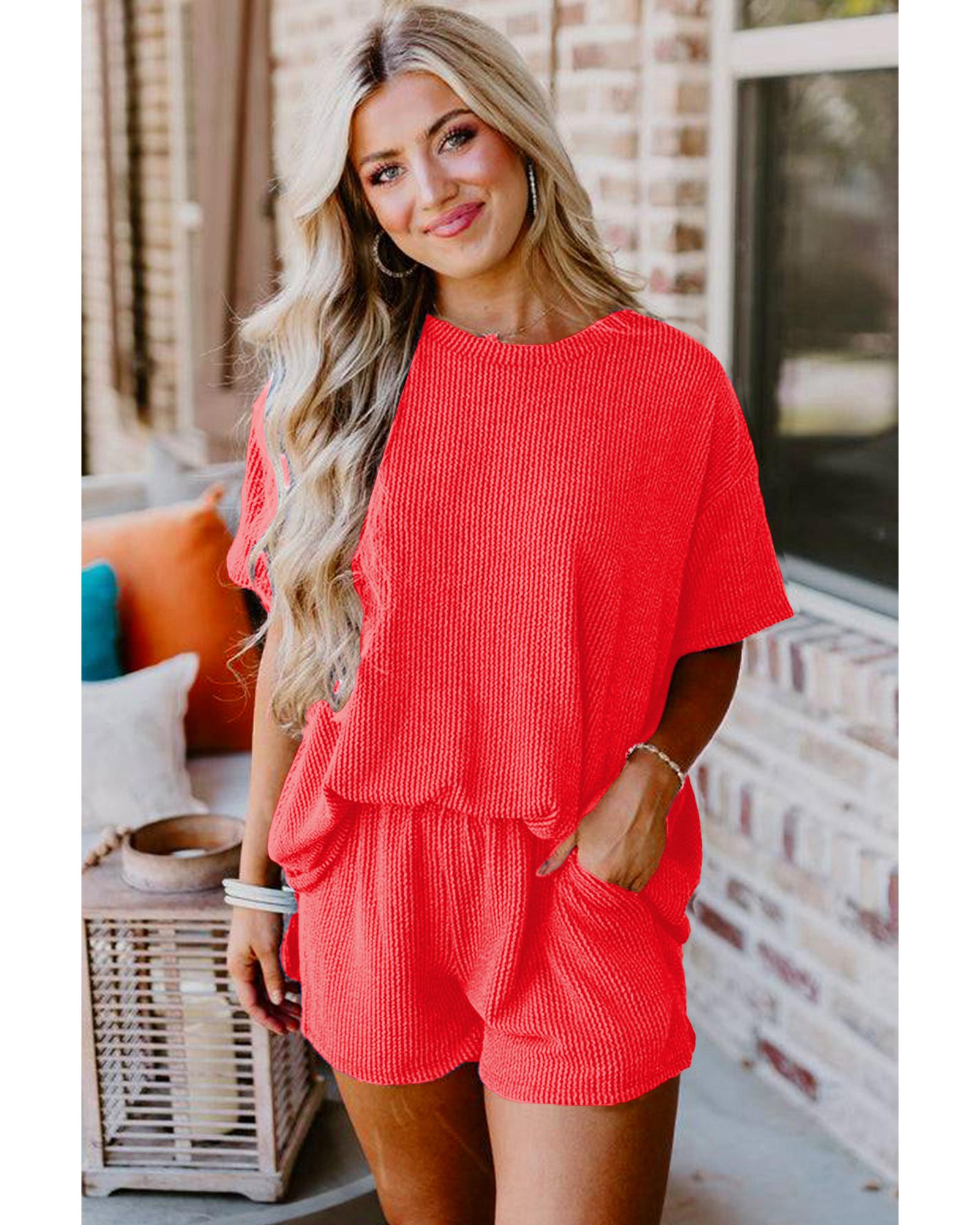 V539-AZEXDC625586-P14-L-202508282250-00 Orange Ribbed Textured Knit Loose Fit Tee and Shorts Set - L - Image 1