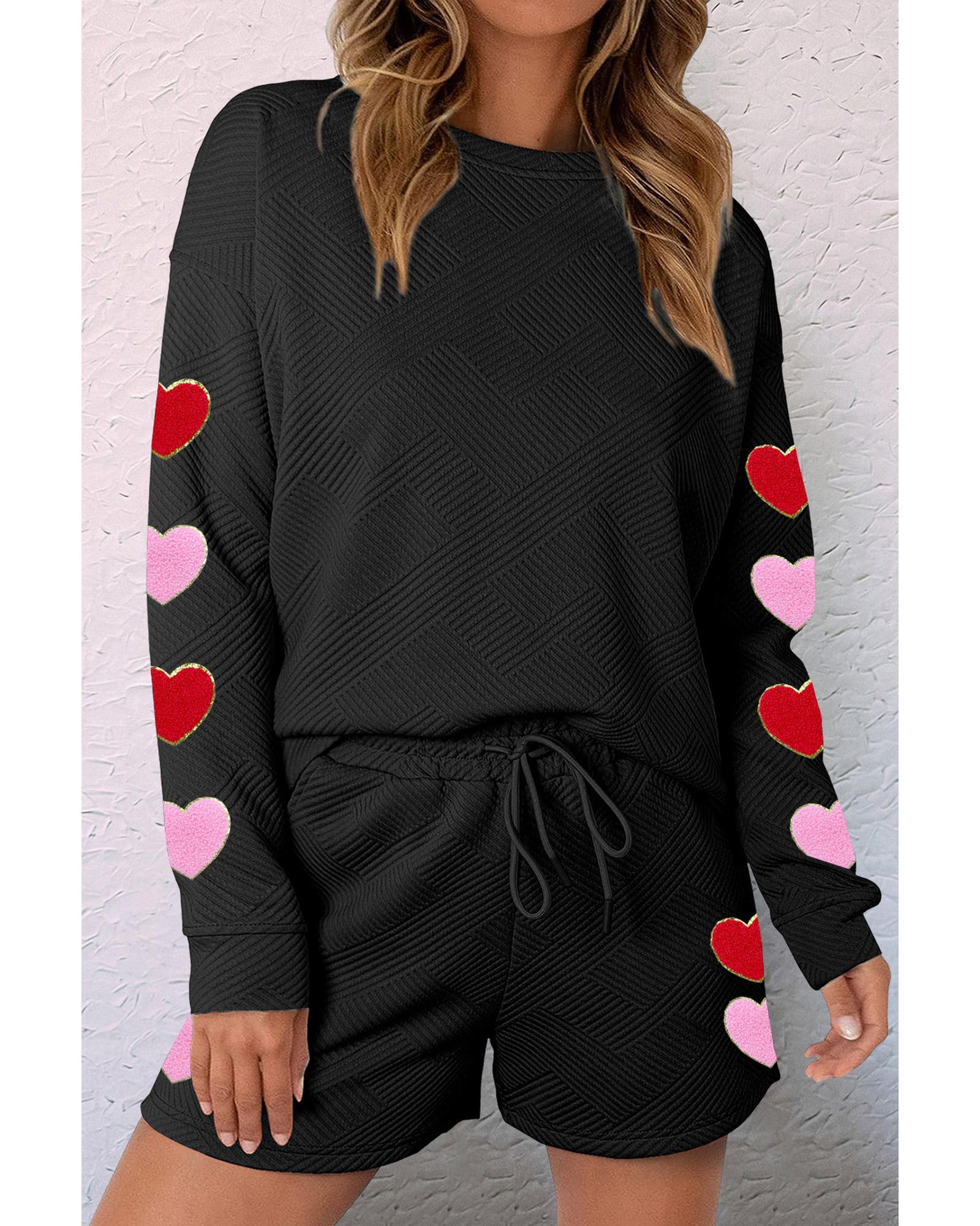 V539-AZEXDC625823-2-S-202506142208-00 Black Heart Patch Long Sleeve Top and Shorts Textured 2pcs Set - S - Image 1