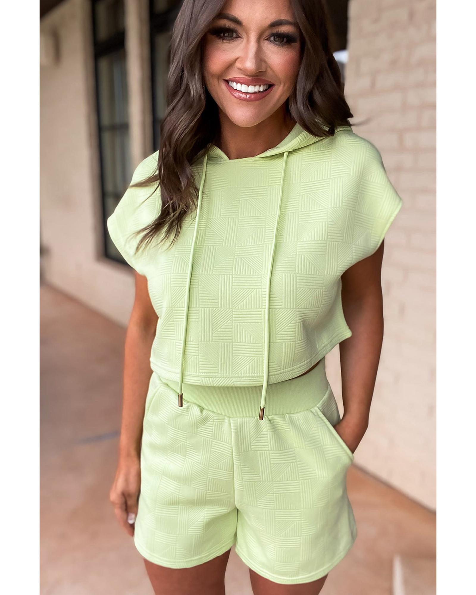 V539-AZEXDC625911-P2009-XL-202508280300-00 Meadow Mist Green Textured Cropped Hoodie and Shorts Set - XL - Image 1