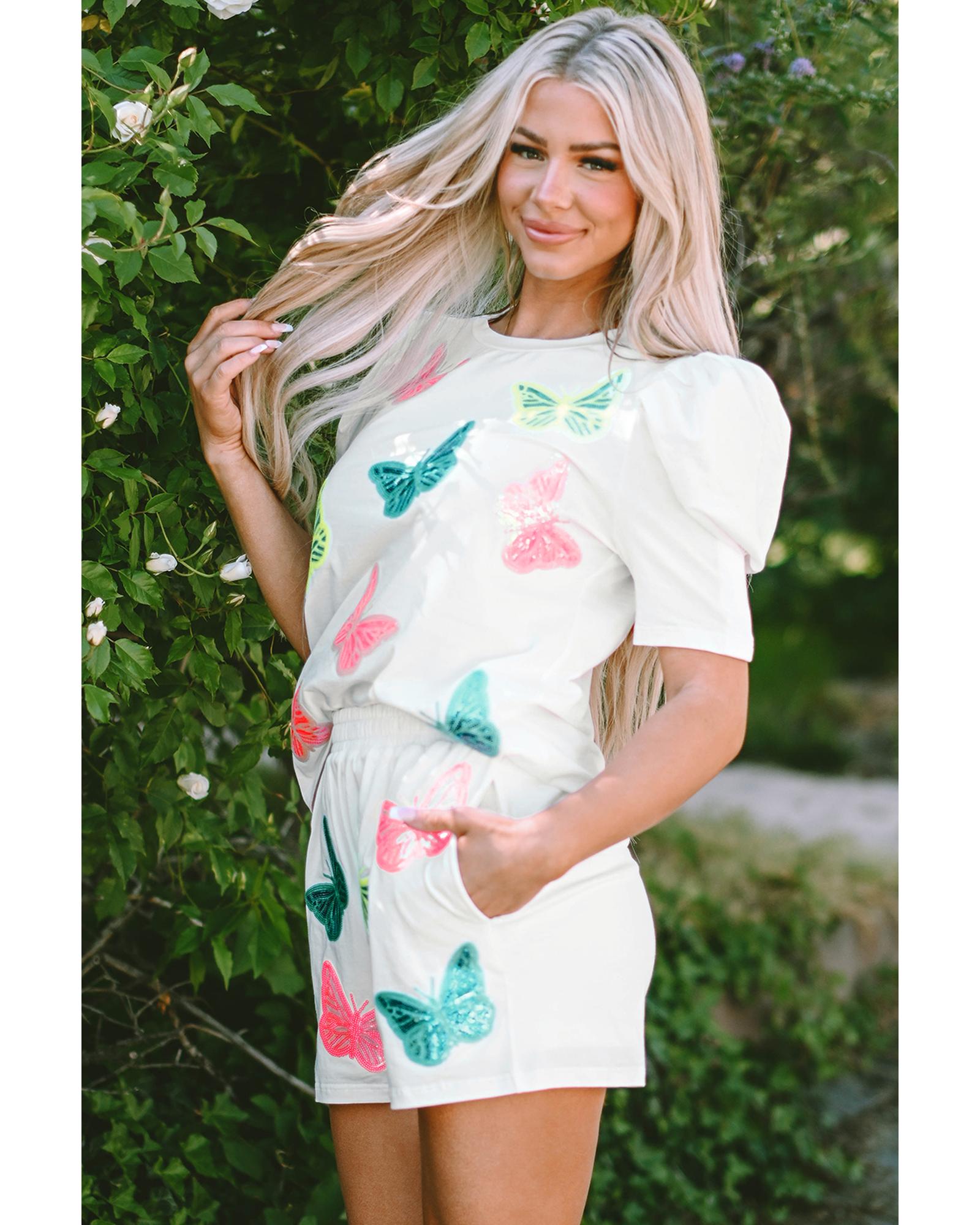 V539-AZEXDC626010-P1-L-202508302240-00 White Colorful Sequin Butterfly Puff Sleeve Top Shorts Set - L - Image 1