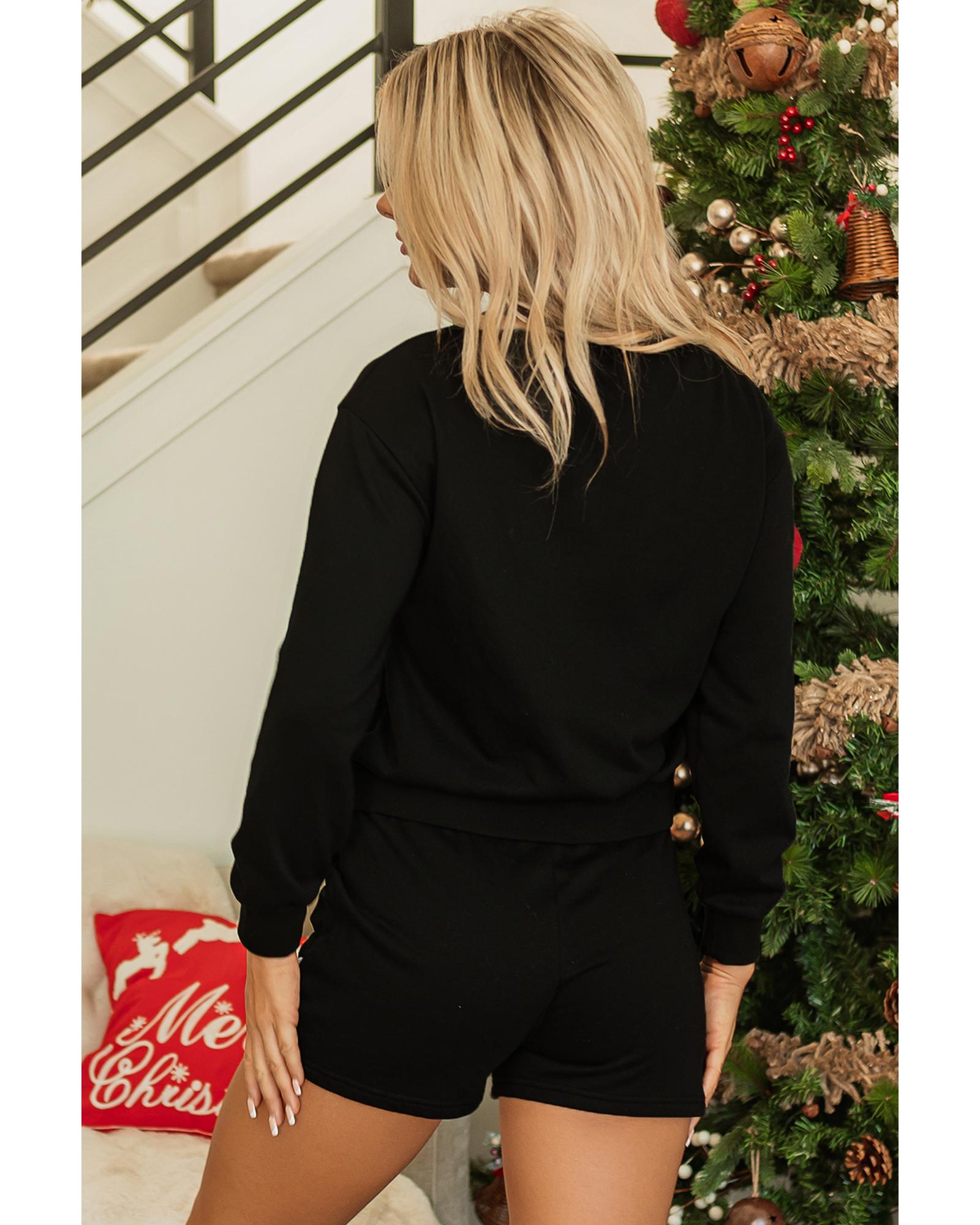 V539-AZEXDC626419-P2-XL-202508290155-00 Black Sequin Merry Graphic Pullover and Shorts Outfit - XL - Image 1