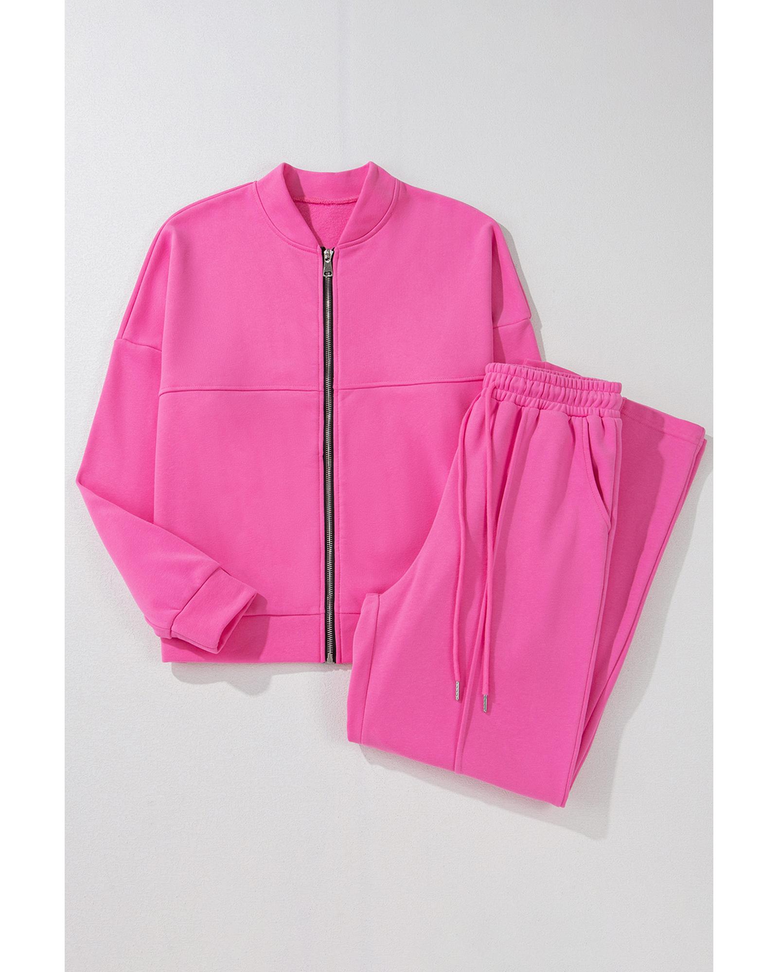 V539-AZEXDC626470-P106-L-202508280730-00 Bright Pink Solid Seamed Zipper Jacket and Drawstring Waist Pants Set - L - Image 1