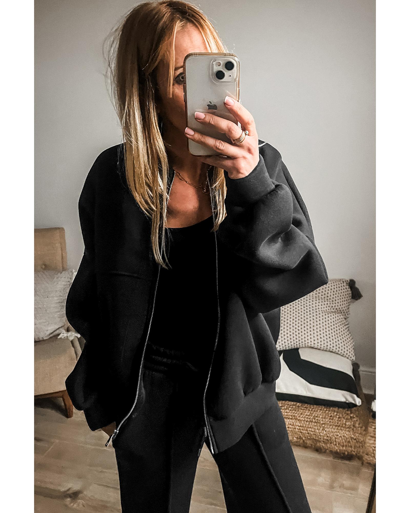 V539-AZEXDC626470-P2-S-202506150222-00 Black Solid Seamed Zipper Jacket and Drawstring Waist Pants Set - S - Image 1