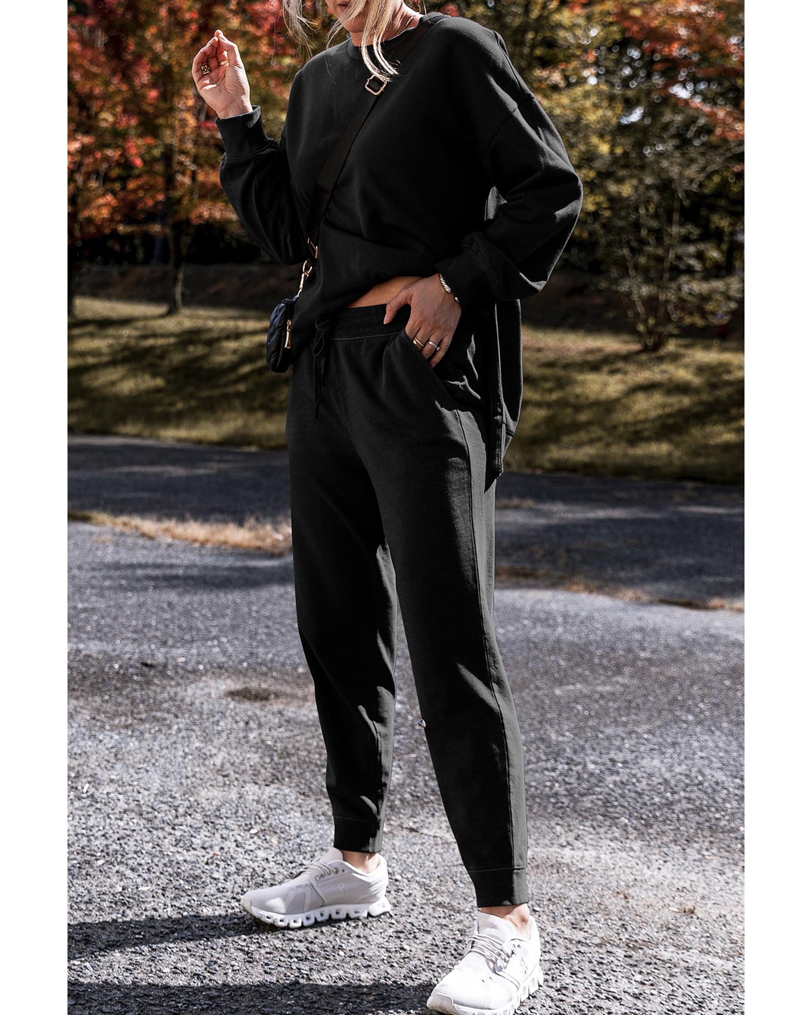 V539-AZEXDC626533-P2-XL-202508301330-00 Black Solid Color High Low Pullover and Skinny Pants Set - XL - Image 1