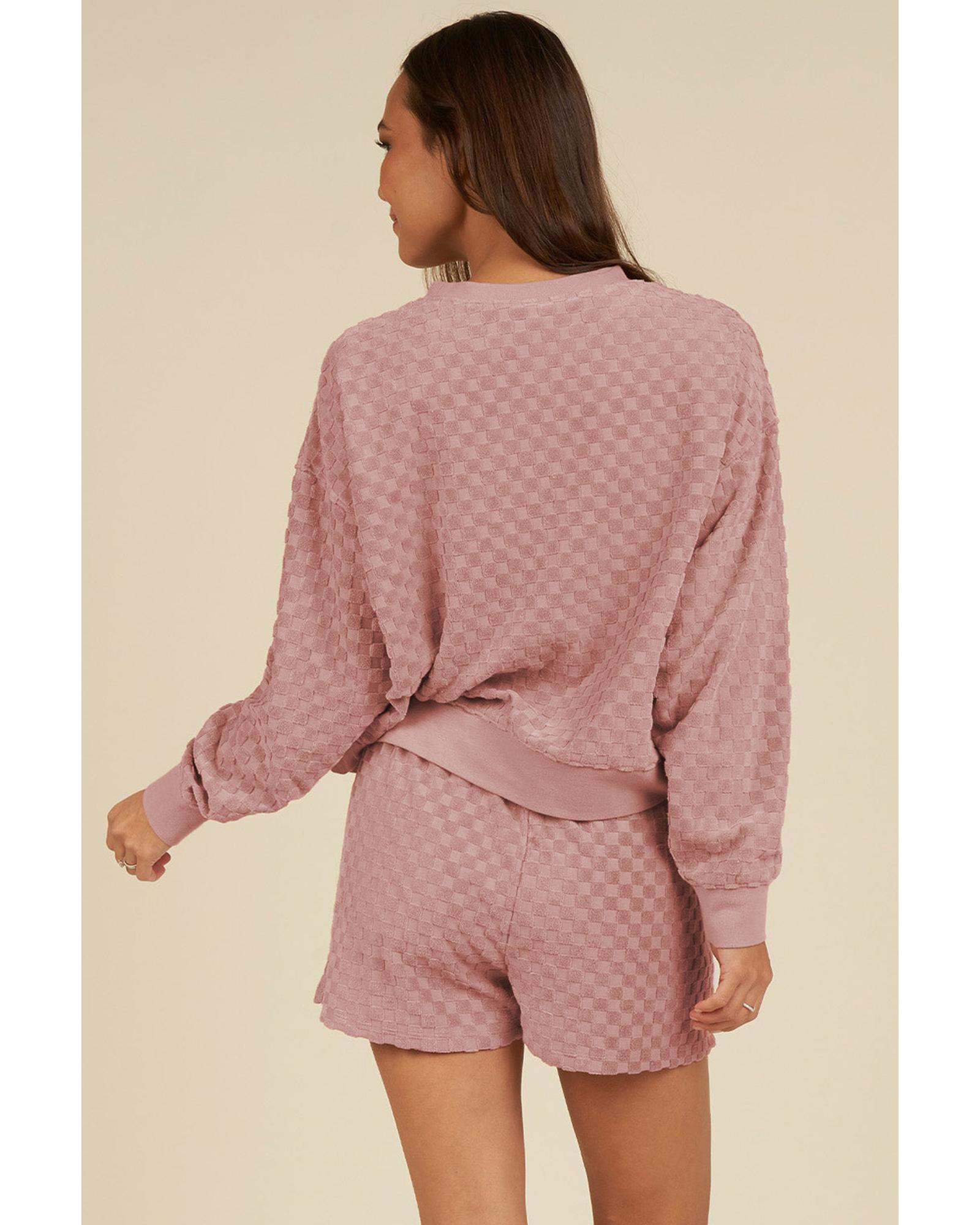 V539-AZEXDC626579-P1510-S-202506142340-00 Blossom Checkered Textured Long Sleeve Top and Shorts Set - S - Image 1