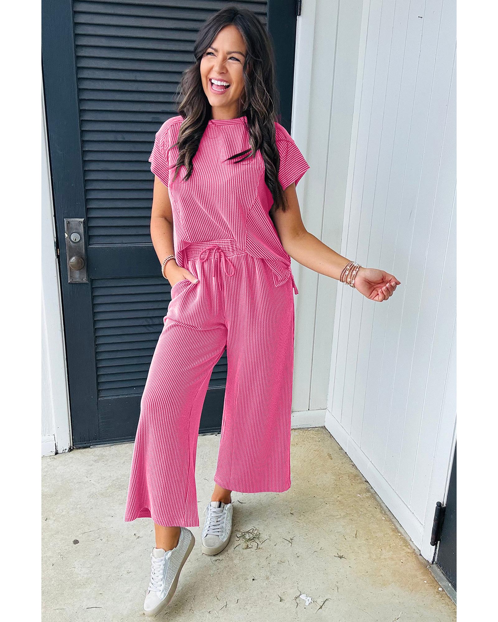 V539-AZEXDC626736-P106-XL-202508280205-00 Bright Pink Solid Corded Knit Short Sleeve T Shirt and Wide Leg Pants Set - XL - Image 1