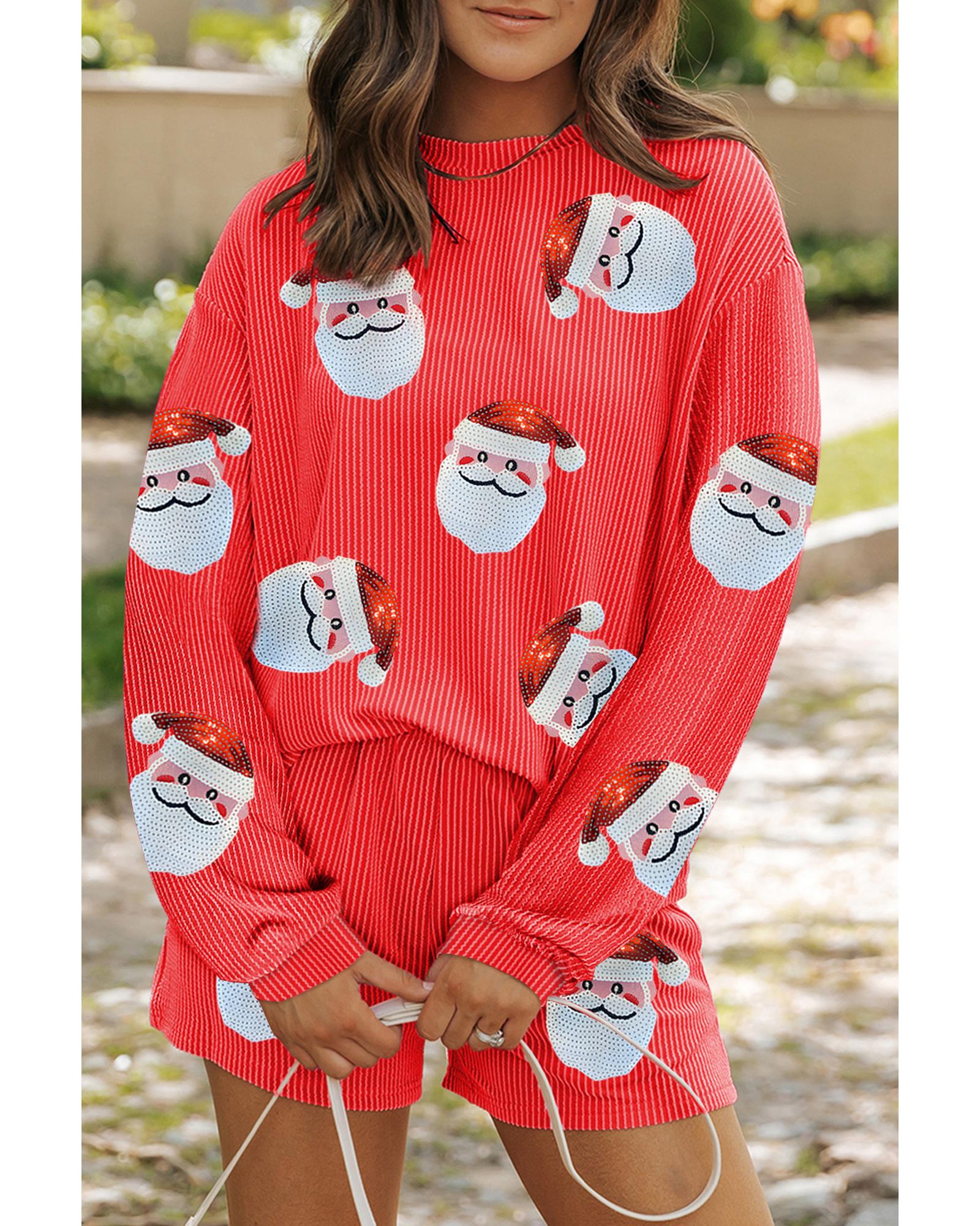 V539-AZEXDC626763-P5014-M-202508300225-00 Gold Flame Sequin Christmas Santa Clause Corded Pullover and Shorts Set - M - Image 1