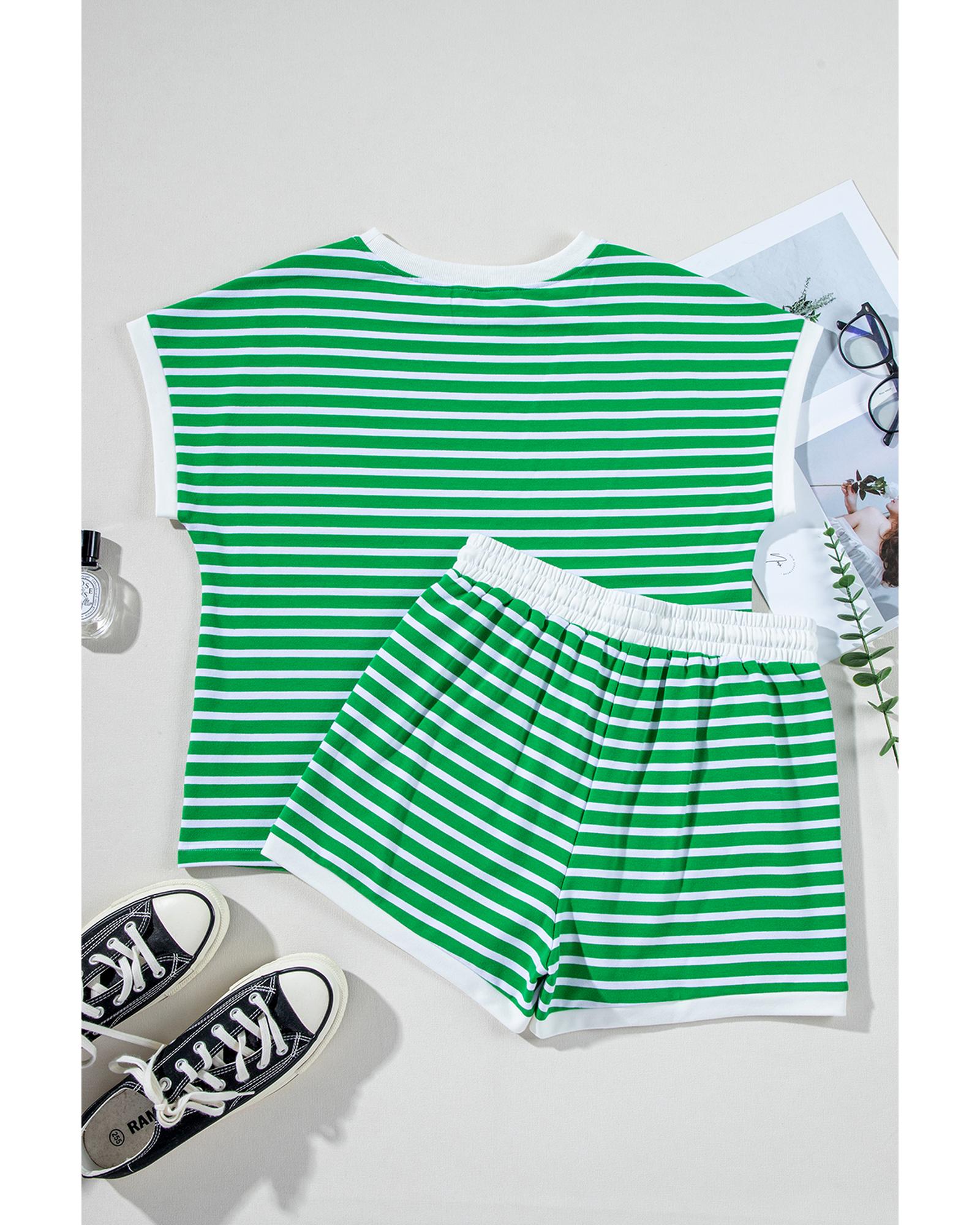 V539-AZEXDC626819-P209-XL-202508280410-00 Dark Green Striped Cap Sleeve Tee and Shorts Set - XL - Image 1