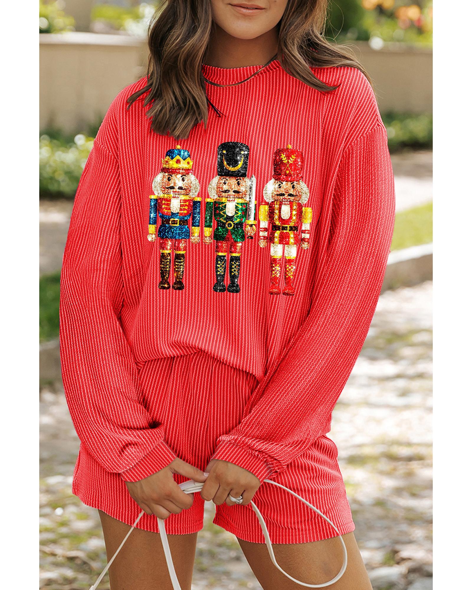 V539-AZEXDC626952-P5014-L-202508301825-00 Gold Flame Heat Transfer Christmas Nutcracker Ribbed Long Sleeve Top Shorts Set - L - Image 1