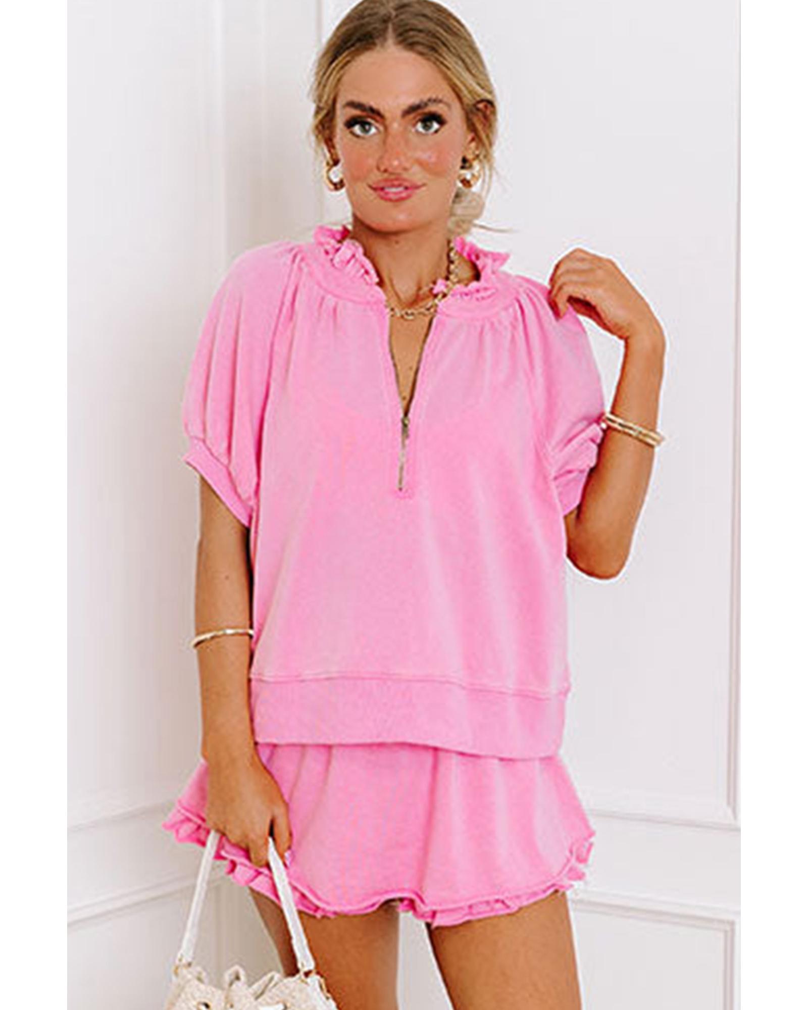 V539-AZEXDC626983-P10-L-202508301945-00 Pink Half Zip Puff Sleeve Top and Ruffled Shorts Set - L - Image 1