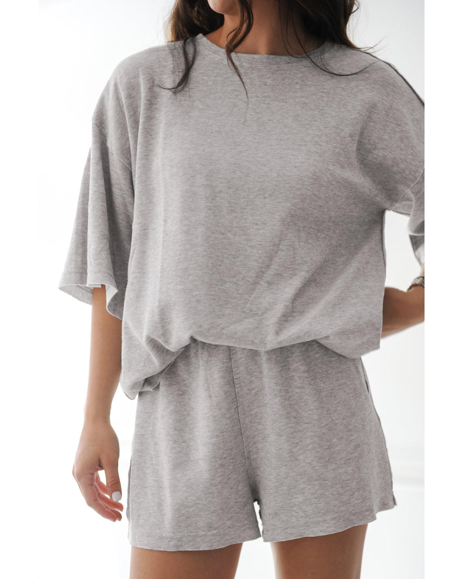 V539-AZEXDC627104-P11-L-202508301720-00 Gray Solid Color Loose Tee 2 Piece Shorts Set - L - Image 1