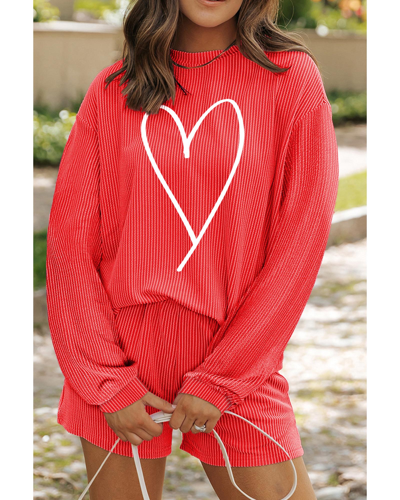 V539-AZEXDC627120-P5014-XL-202508300640-00 Gold Flame Heart Shape Graphic Corded Pullover and Shorts Outfit - XL - Image 1