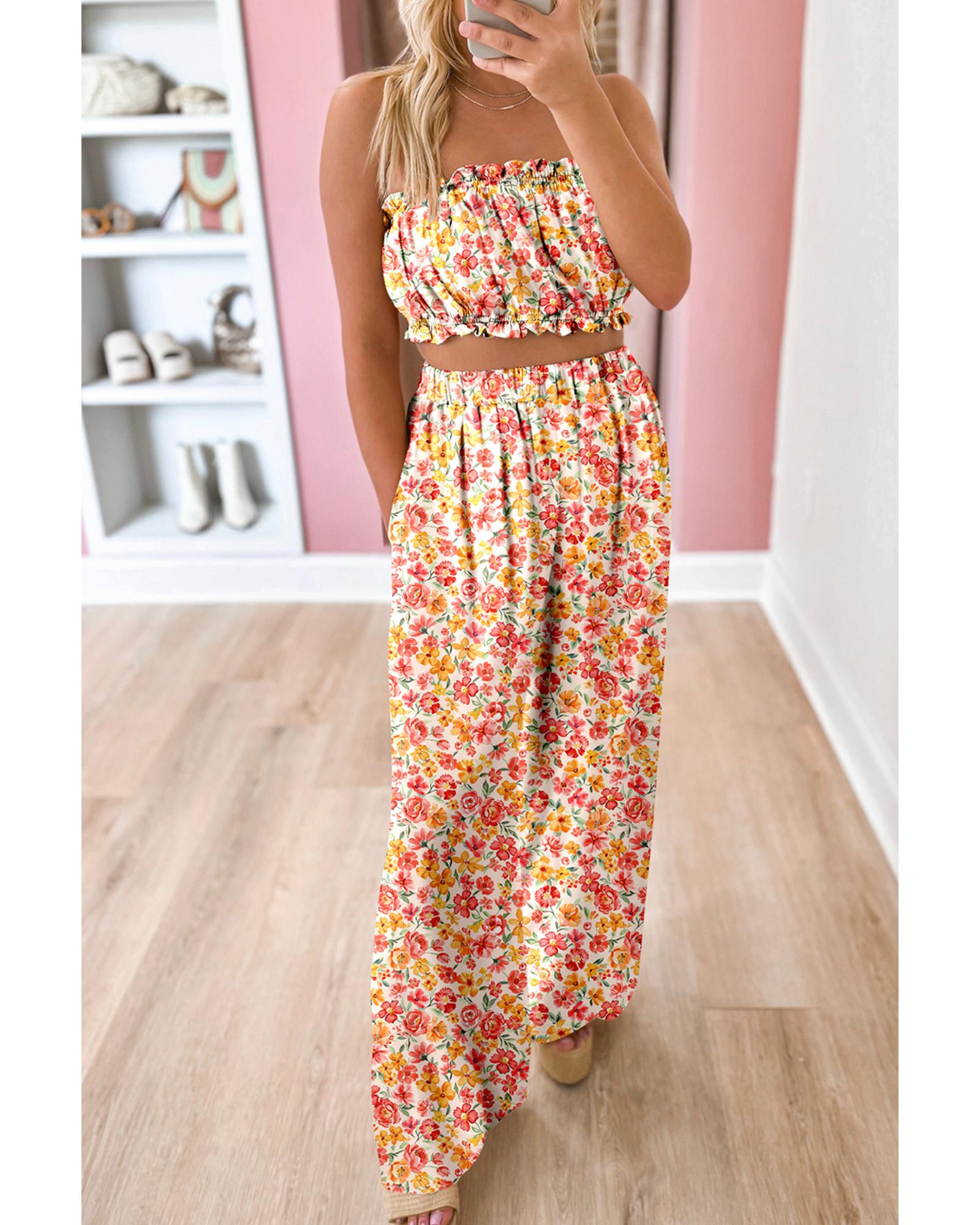 V539-AZEXDC627159-P1020-S-202508291720-00 Pink Boho Floral Bandeau Top and High Waist Wide Leg Pants Set - S - Image 1