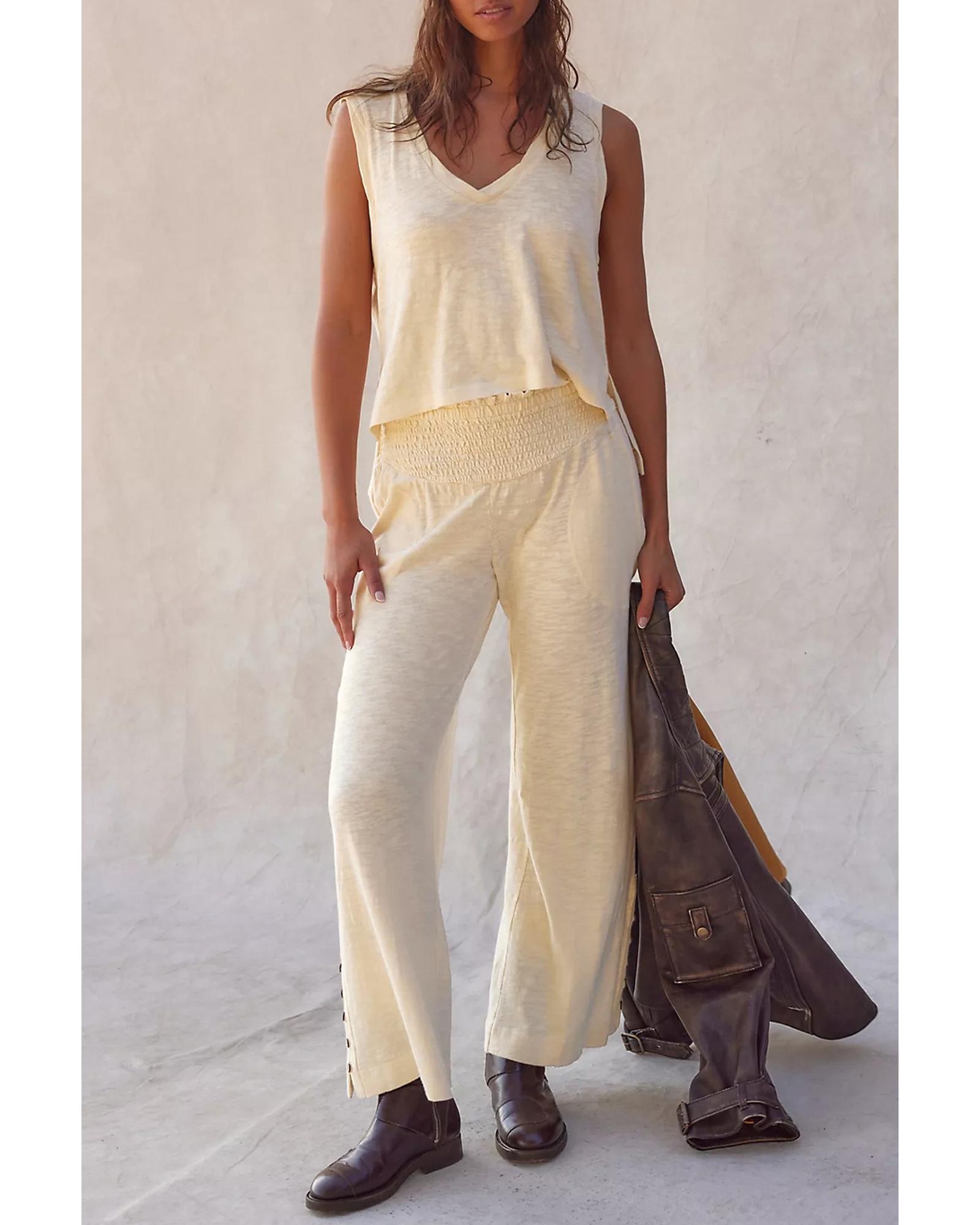 V539-AZEXDC627332-P15-XL-202508280610-00 Beige Solid Color Tank Top and Smocked Waist Pants Set - XL - Image 1