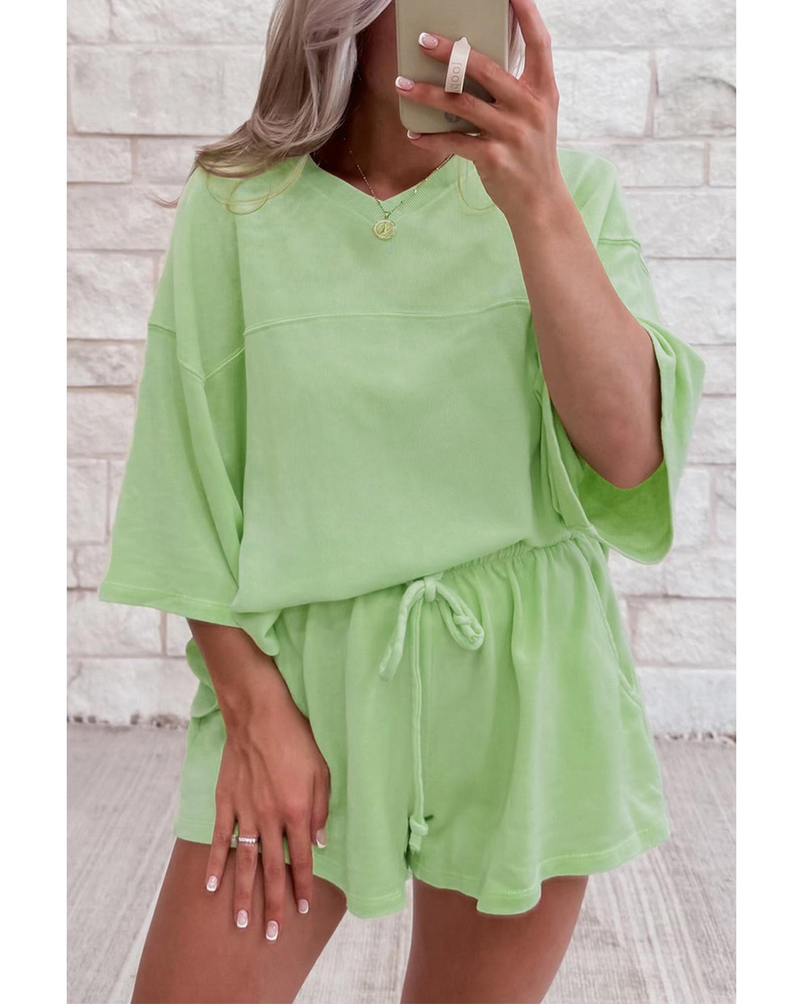 V539-AZEXDC627370-P2009-L-202508300140-00 Meadow Mist Green Solid Loose V Neck Half Sleeve Tee and Shorts - L - Image 1