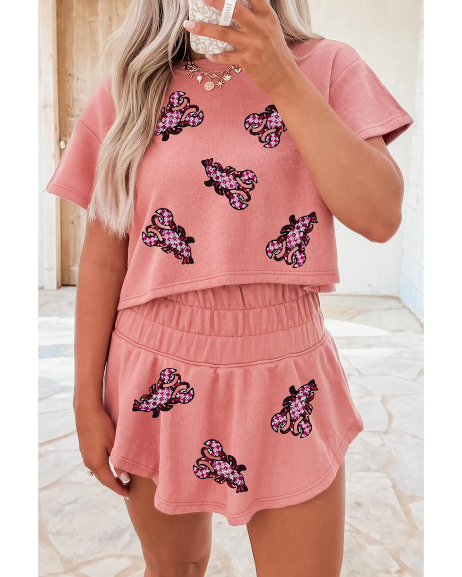 V539-AZEXDC627594-P1510-L-202506150247-00 Blossom Sequined Lobster Patched Crop Tee and High Waist Short Set - L - Image 1