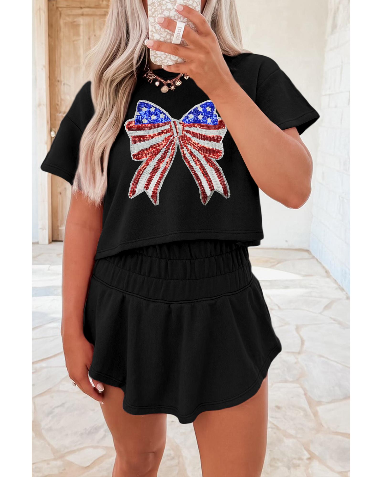 V539-AZEXDC627763-P2-XL-202508301355-00 Black Sequined Flag Bow Pattern Short 2pcs Skort Set - XL - Image 1