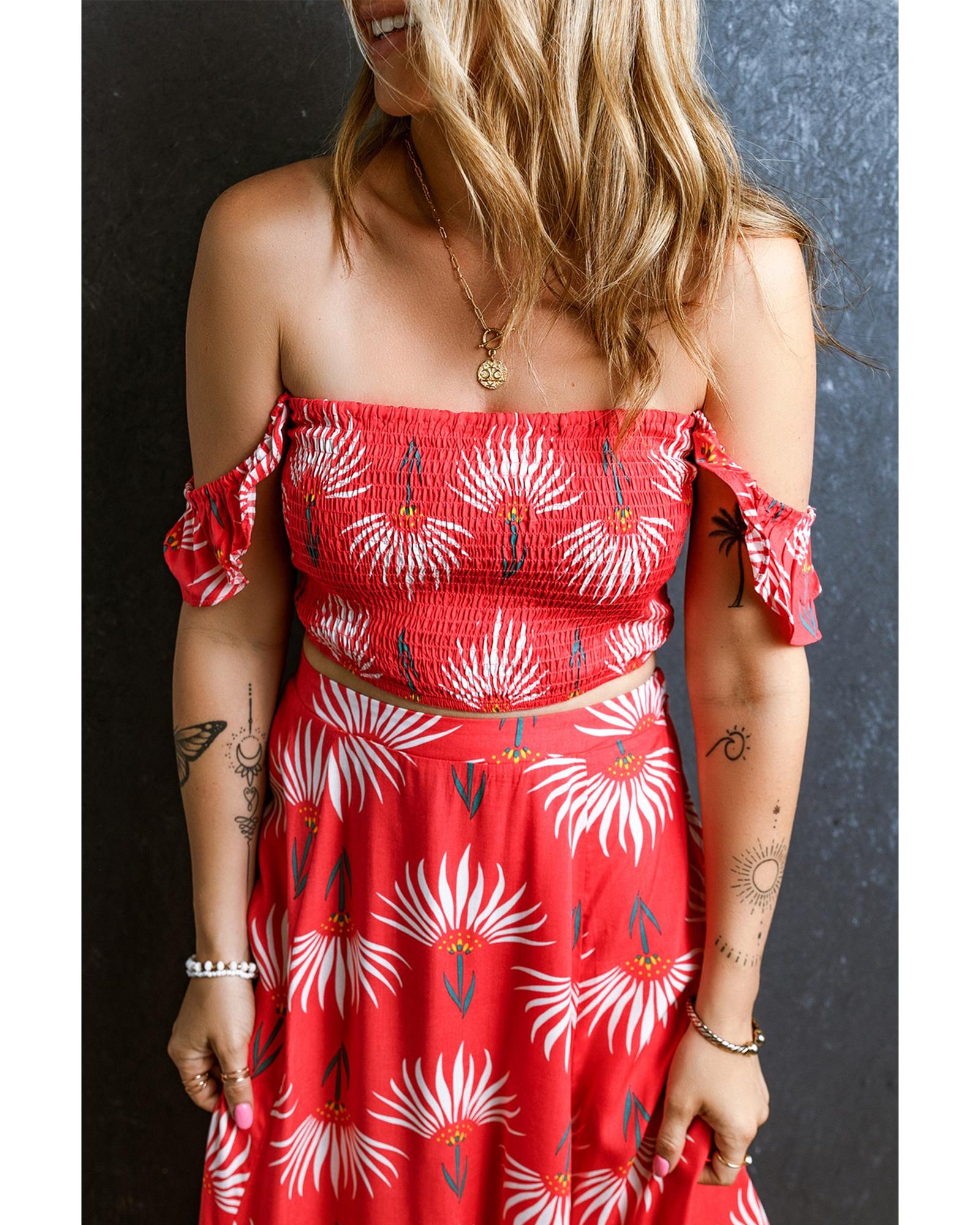 V539-AZEXDC631100-P320-M-202508301620-00 Red Floral Shirred Off Shoulder Crop Top and Slit Maxi Skirt Set - M - Image 1