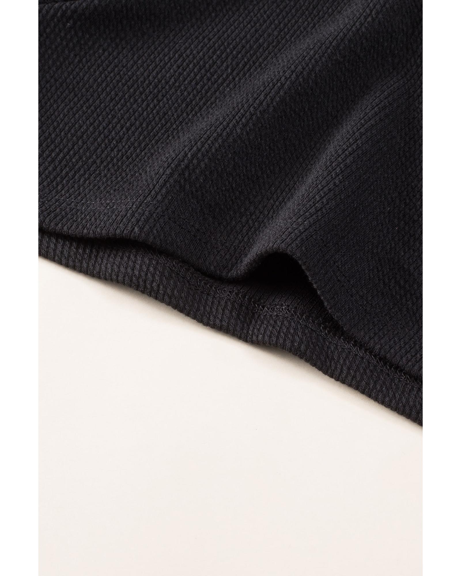 V539-AZEXDC6412340-2-XL-202508300550-00 Black Brushed Ribbed Button Split V Neck Long Sleeve Romper - XL - Image 1