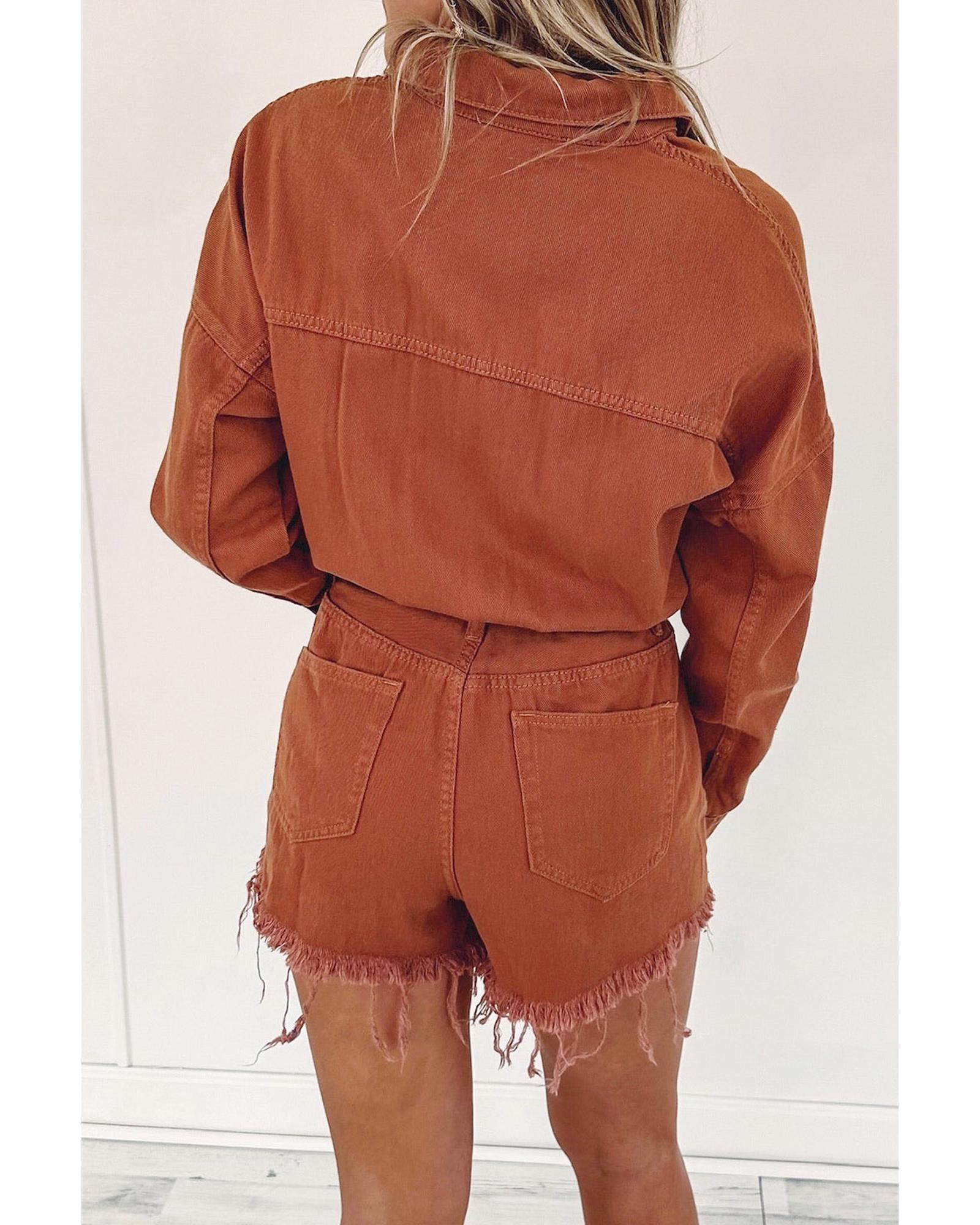 V539-AZEXDC6412863-P5014-XL-202508300230-00 Gold Flame Long Sleeve Snap Buttons Distressed Denim Romper - XL - Image 1
