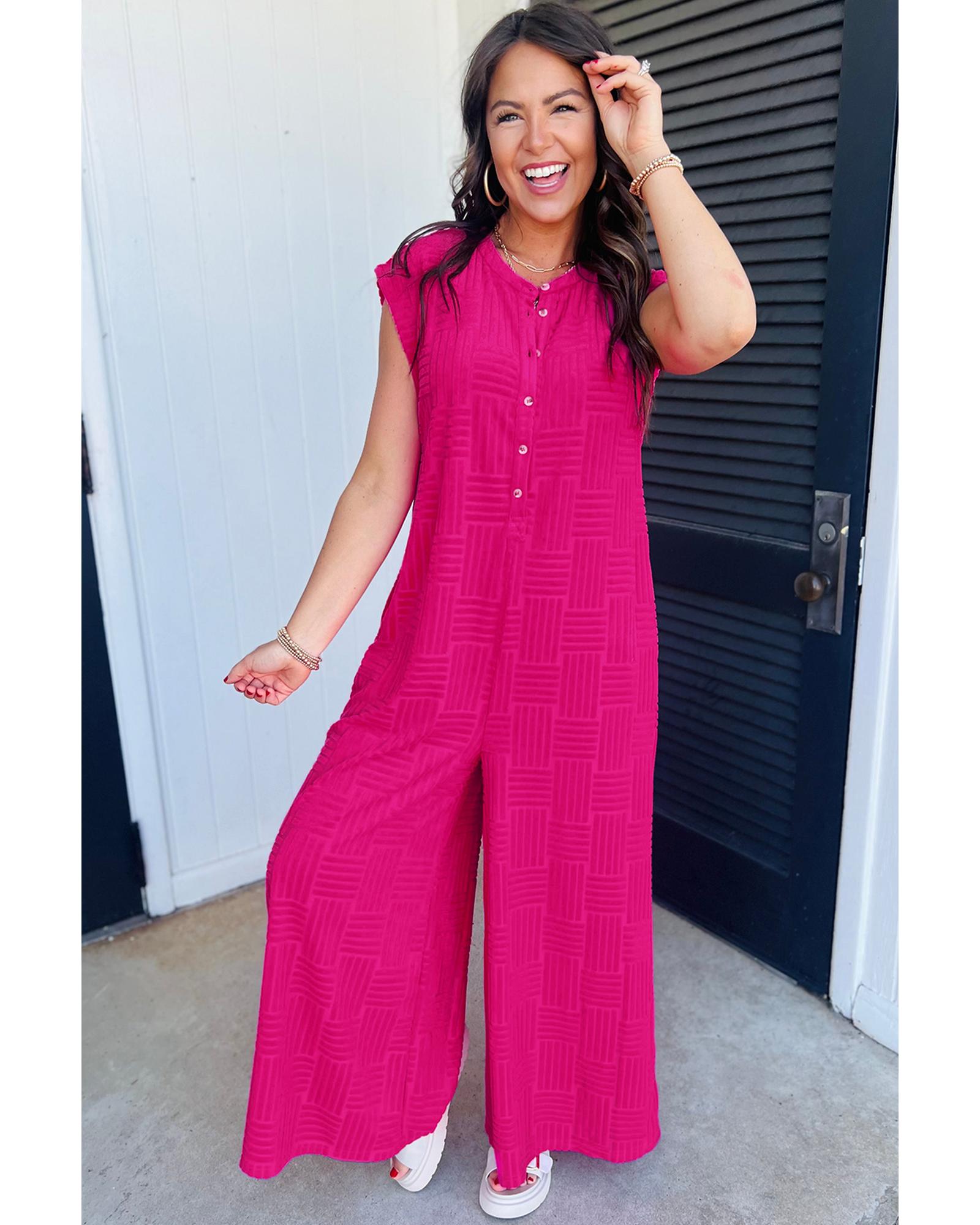 V539-AZEXDC6413764-P106-M-202508280020-00 Bright Pink Terry Textured Sleeveless Button Front Wide Leg Jumpsuit - M - Image 1
