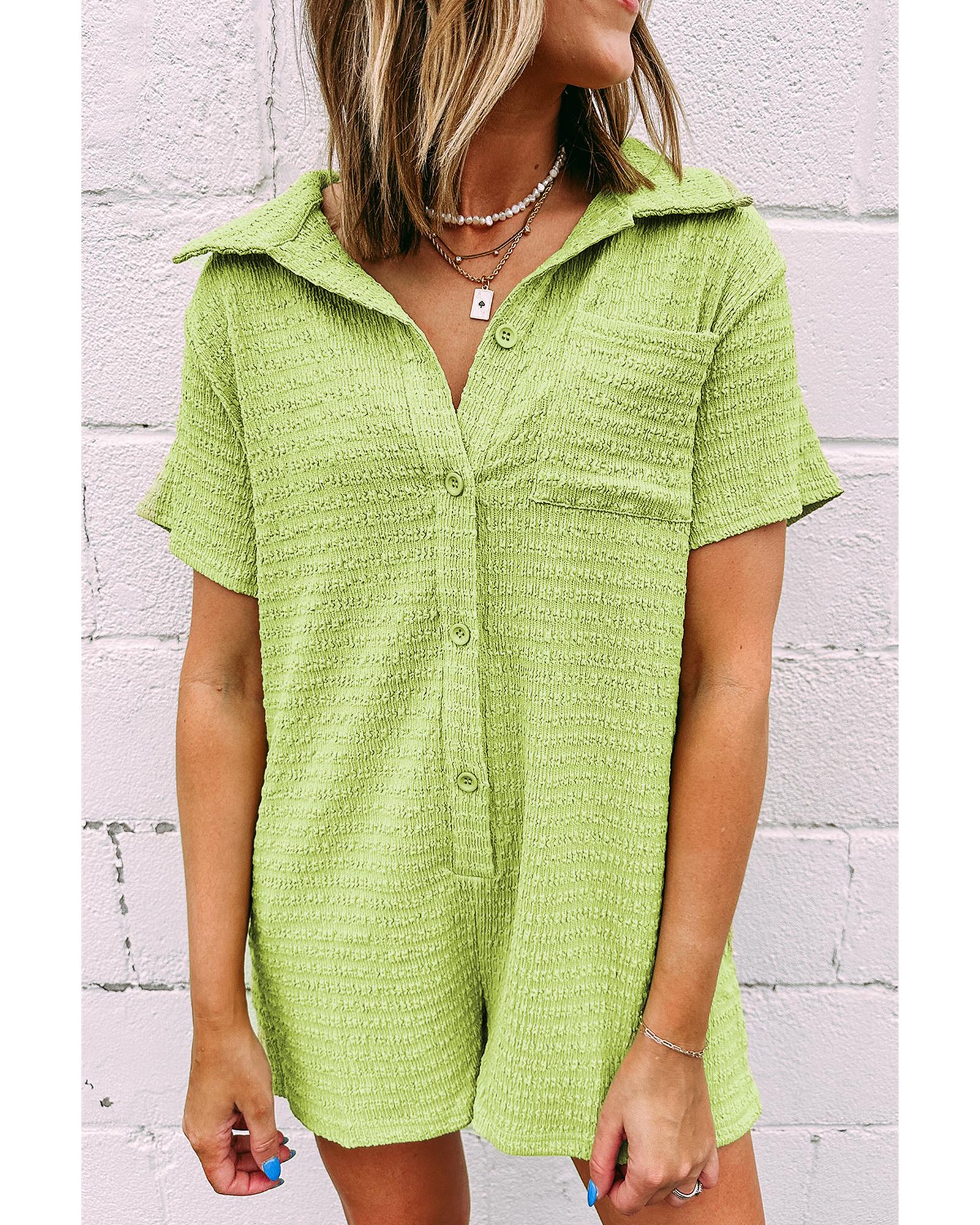 V539-AZEXDC6413845-P2009-L-202508301625-00 Meadow Mist Green Textured Short Sleeve Patched Pocket Buttoned Shirt Romper - L - Image 1