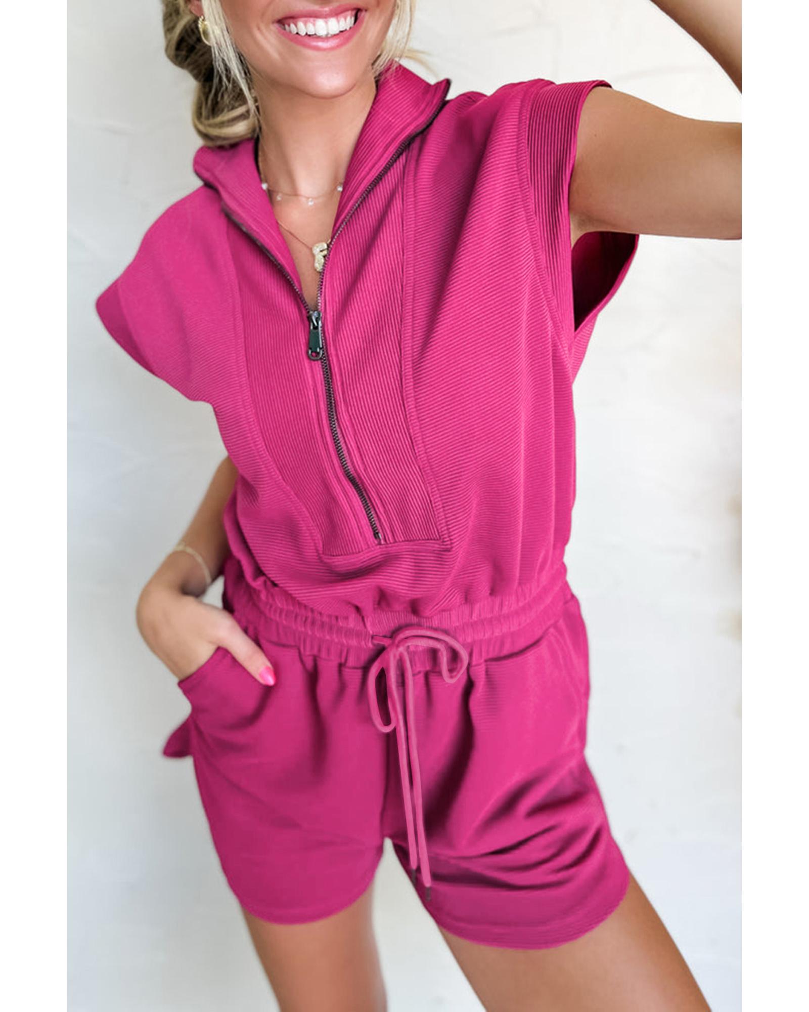 V539-AZEXDC6413894-P6-L-202508310005-00 Rose Red Textured Short Sleeve Half Zip Drawstring Waist Romper - L - Image 1