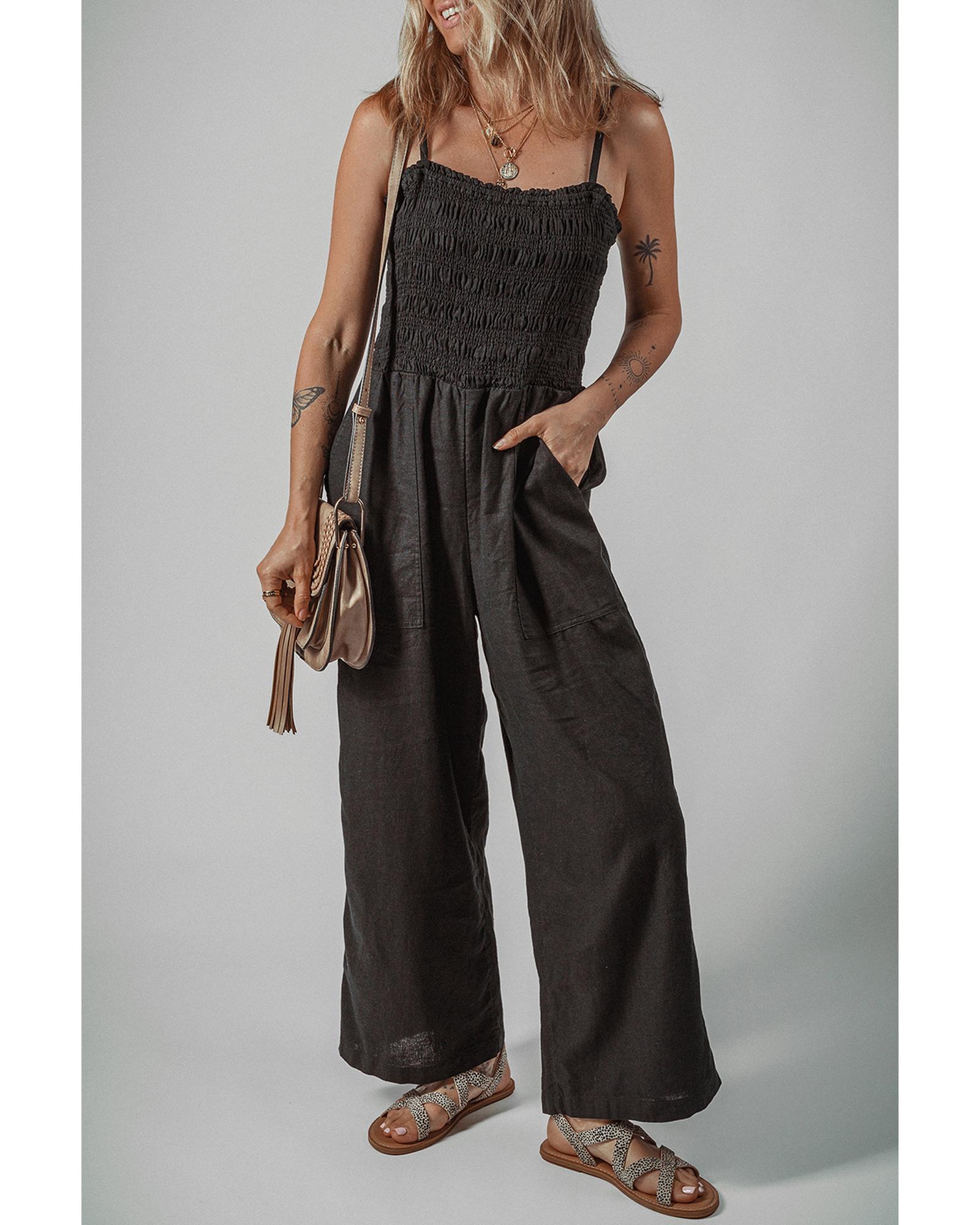 V539-AZEXDC6414140-P2-L-202508300150-00 Black Spaghetti Straps Shirred Bodice Pocketed Wide Leg Jumpsuit - L - Image 1