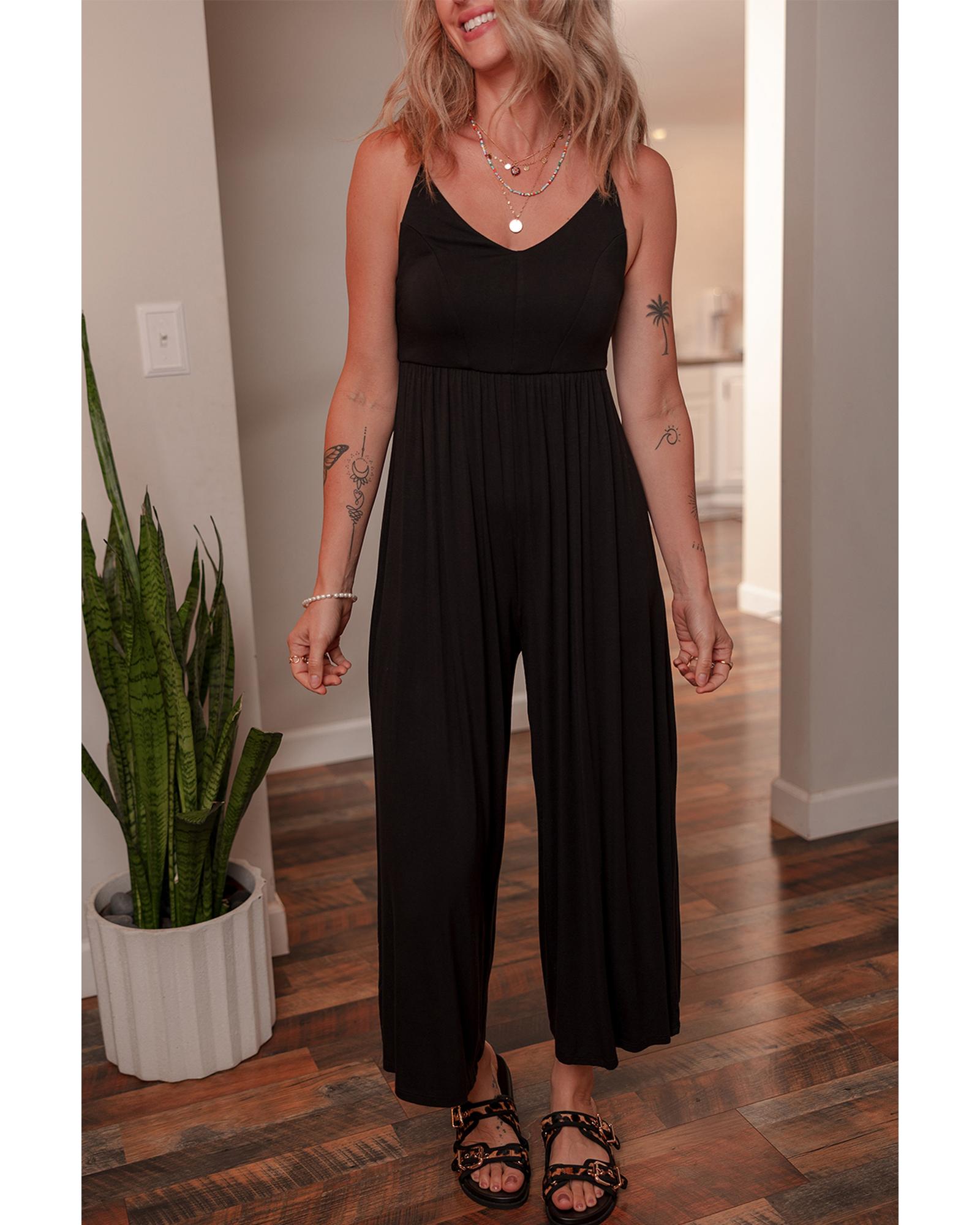 V539-AZEXDC6414187-P2-L-202508281930-00 Black Spaghetti Straps Open Back Pleated Wide Leg Jumpsuit - L - Image 1