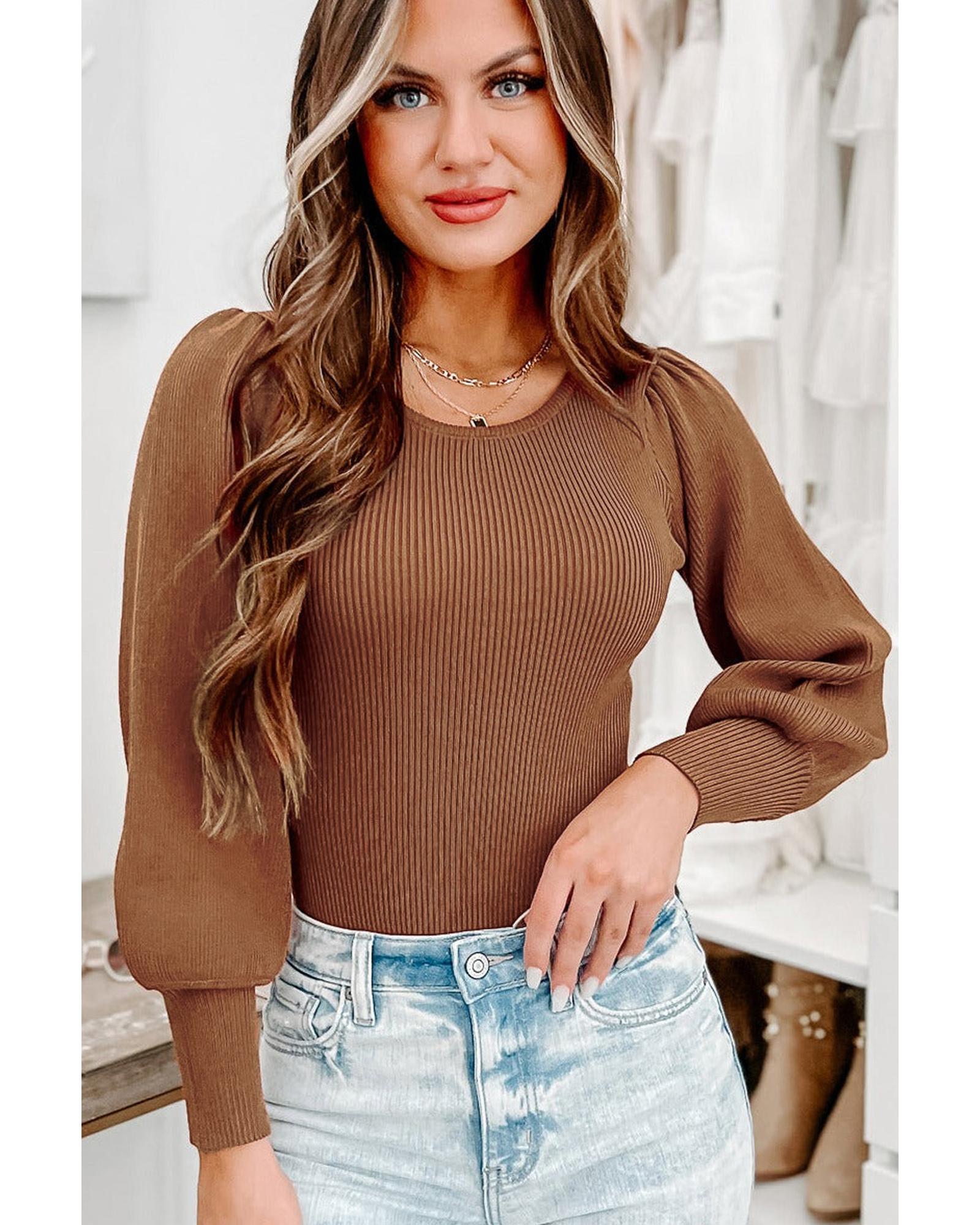 V539-AZEXDC6421538-17-XL-202506150521-04 Brown Ribbed Balloon Sleeve Bodysuit - XL - Image 5