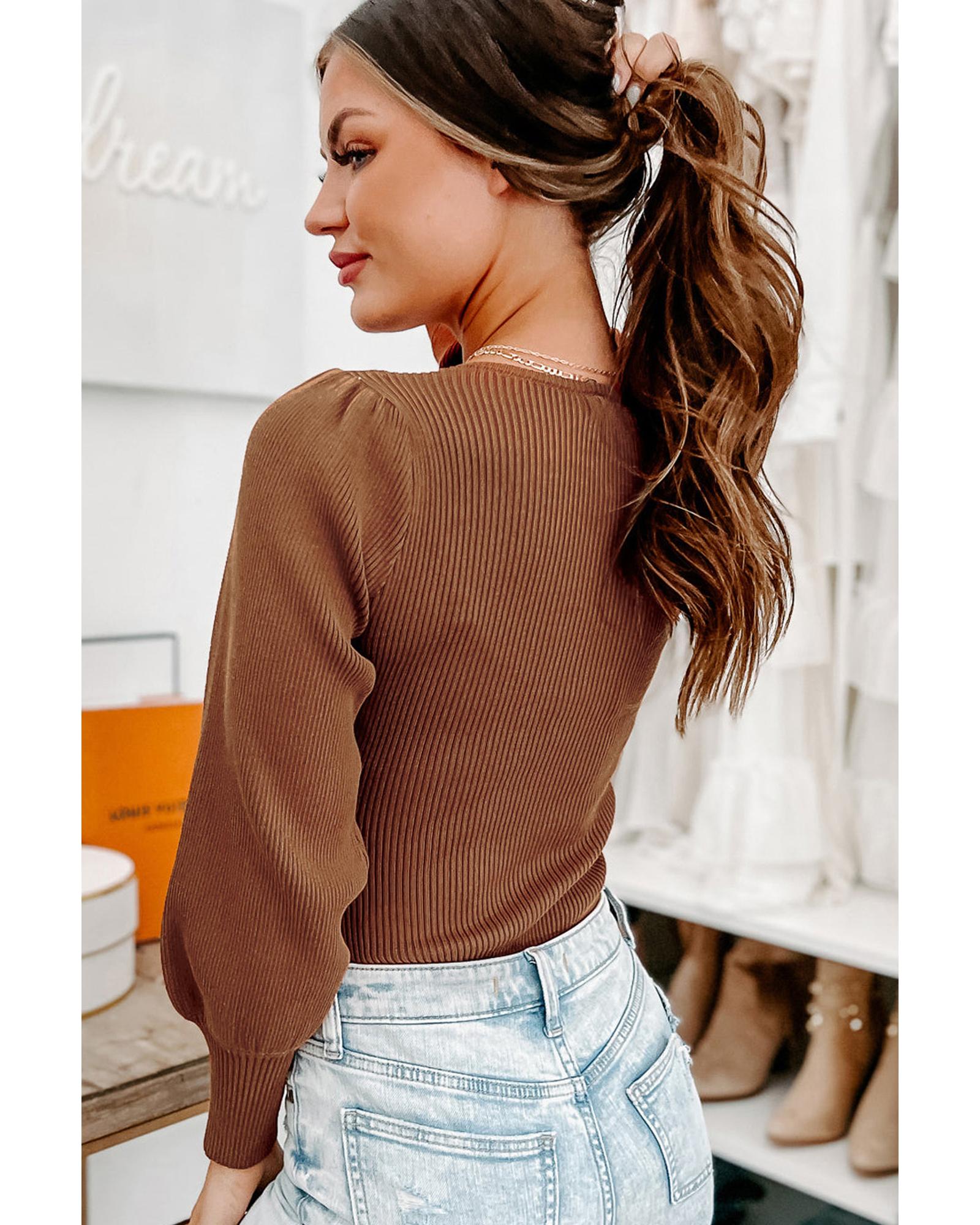 V539-AZEXDC6421538-17-XL-202506150521-05 Brown Ribbed Balloon Sleeve Bodysuit - XL - Image 6