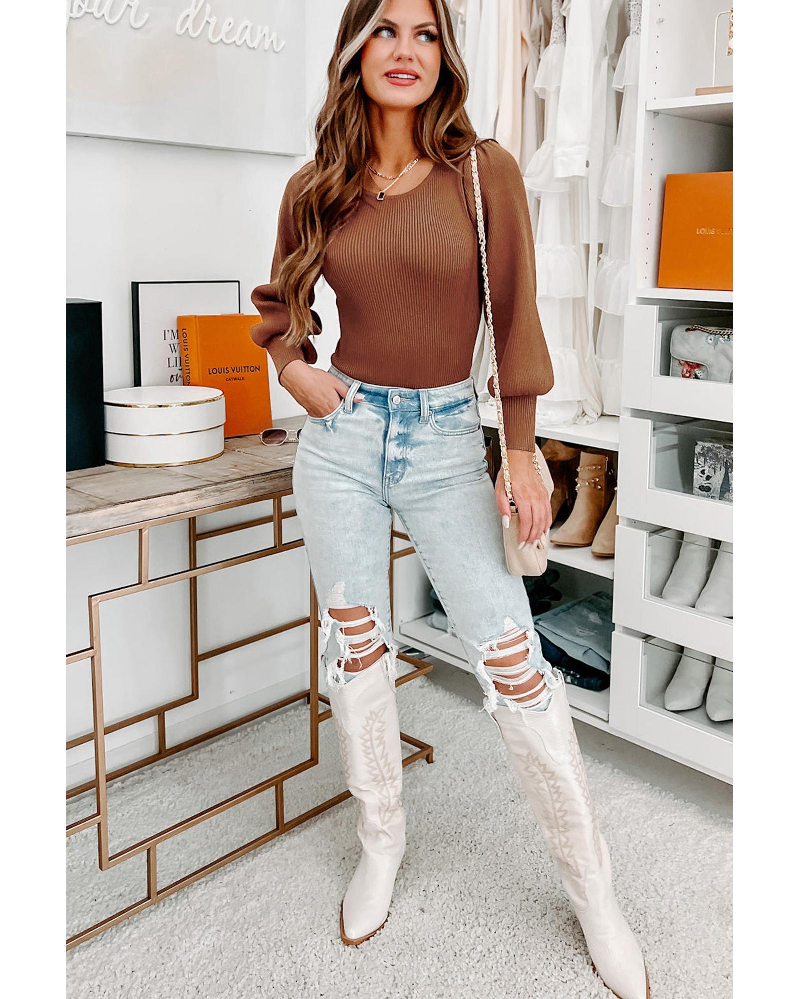 V539-AZEXDC6421538-17-XL-202508281515-00 Brown Ribbed Balloon Sleeve Bodysuit - XL - Image 7