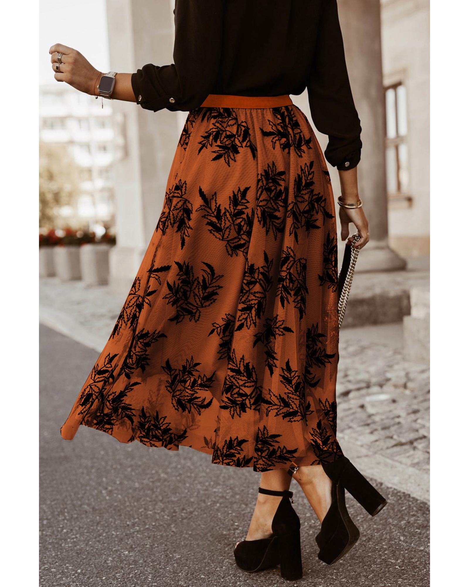 V539-AZEXDC721228-P5014-L-202508280015-00 Gold Flame Floral Leaves Embroidered High Waist Maxi Skirt - L - Image 1