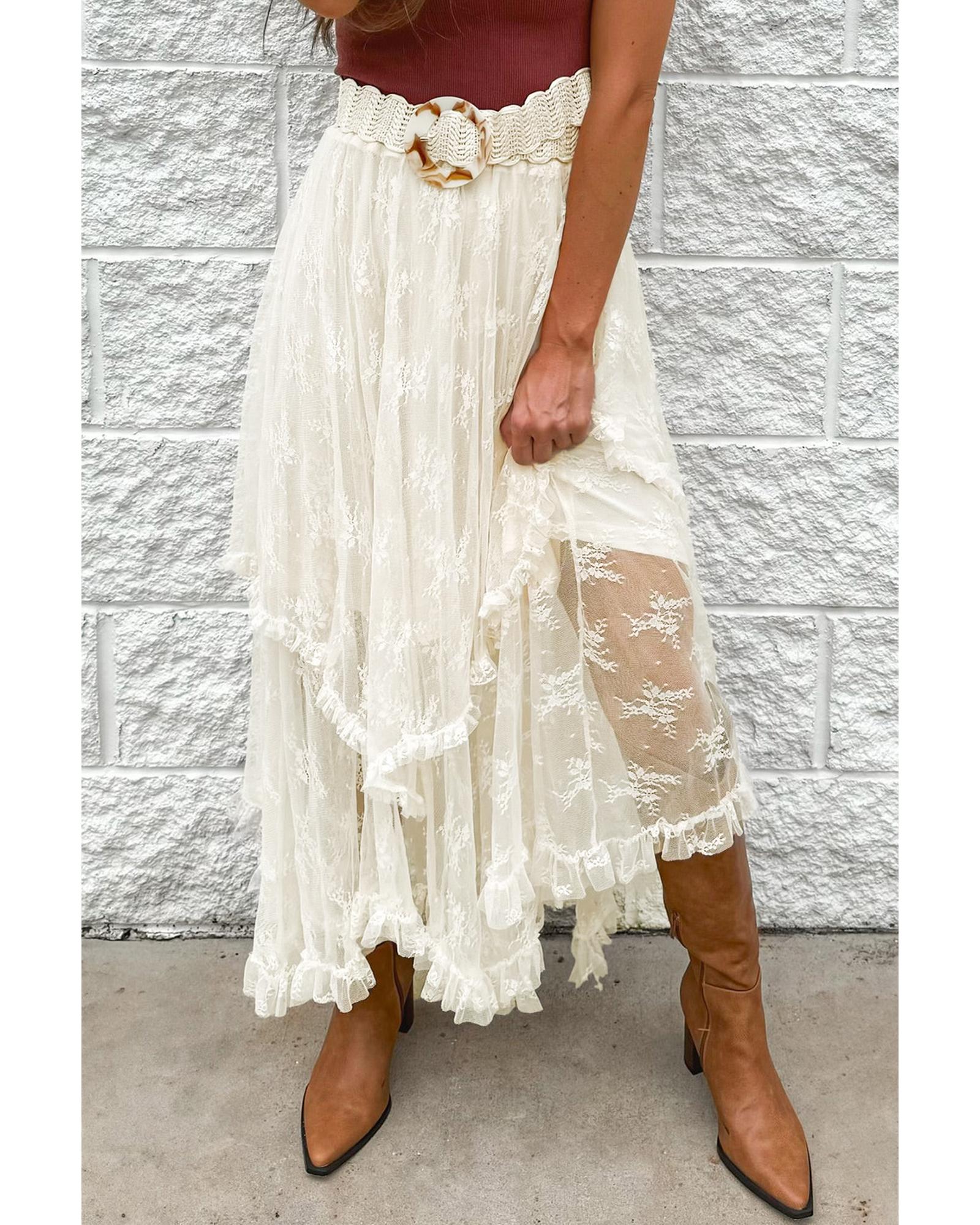 V539-AZEXDC721938-P15-XL-202508300505-00 Beige Lace Cascading Tiered High Waist Maxi Skirt - XL - Image 1