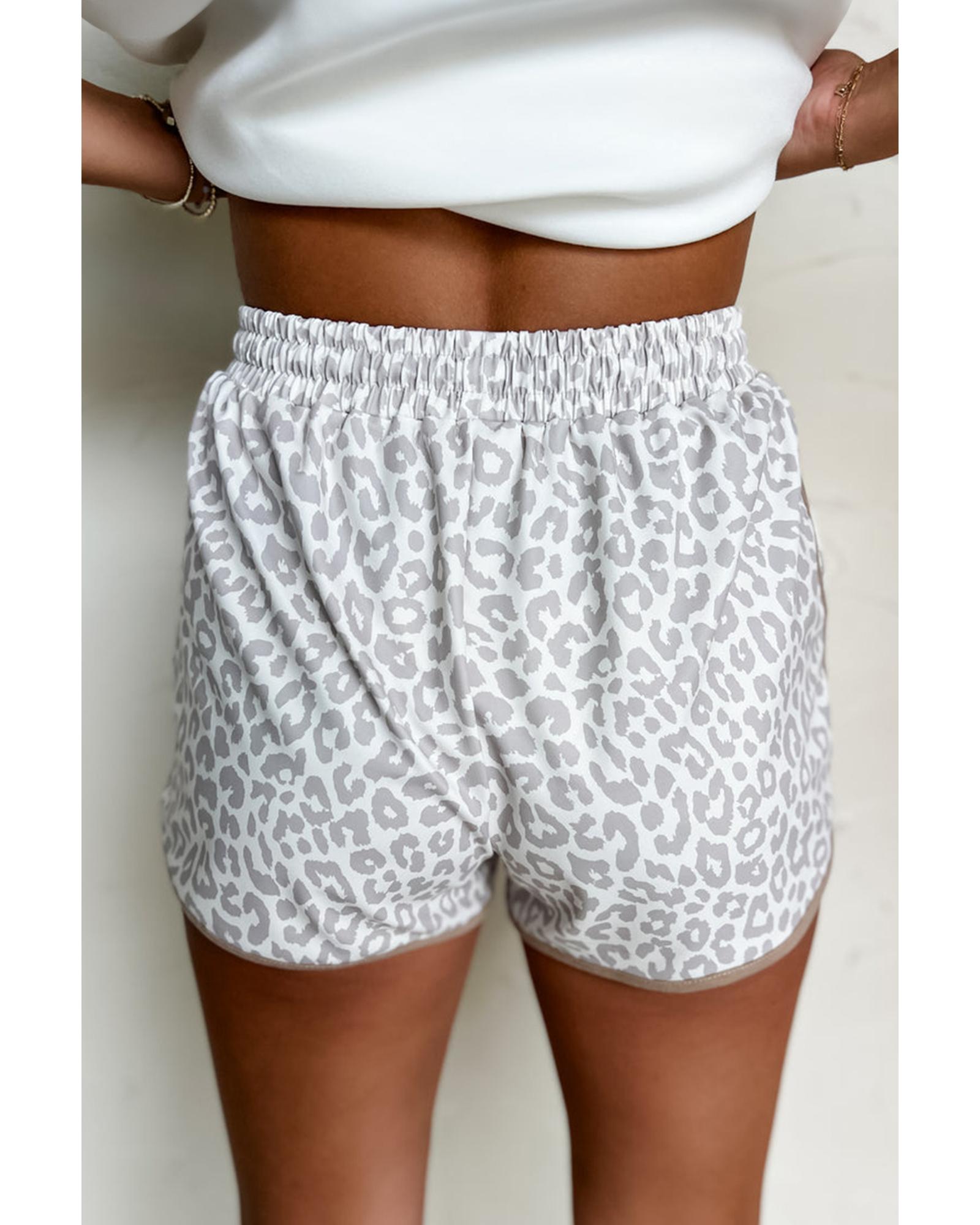 V539-AZEXDC731818-P120-XL-202508301810-00 White Leopard Elastic Waist Lace up Contrast Trim Casual Shorts - XL - Image 1