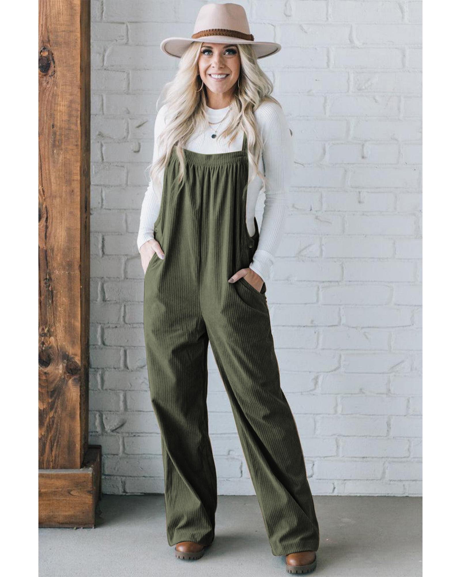 V539-AZEXDC7721077-P609-L-202508280510-05 Jungle Green Solid Pocketed Loose Fit Corduroy Overall - L - Image 6