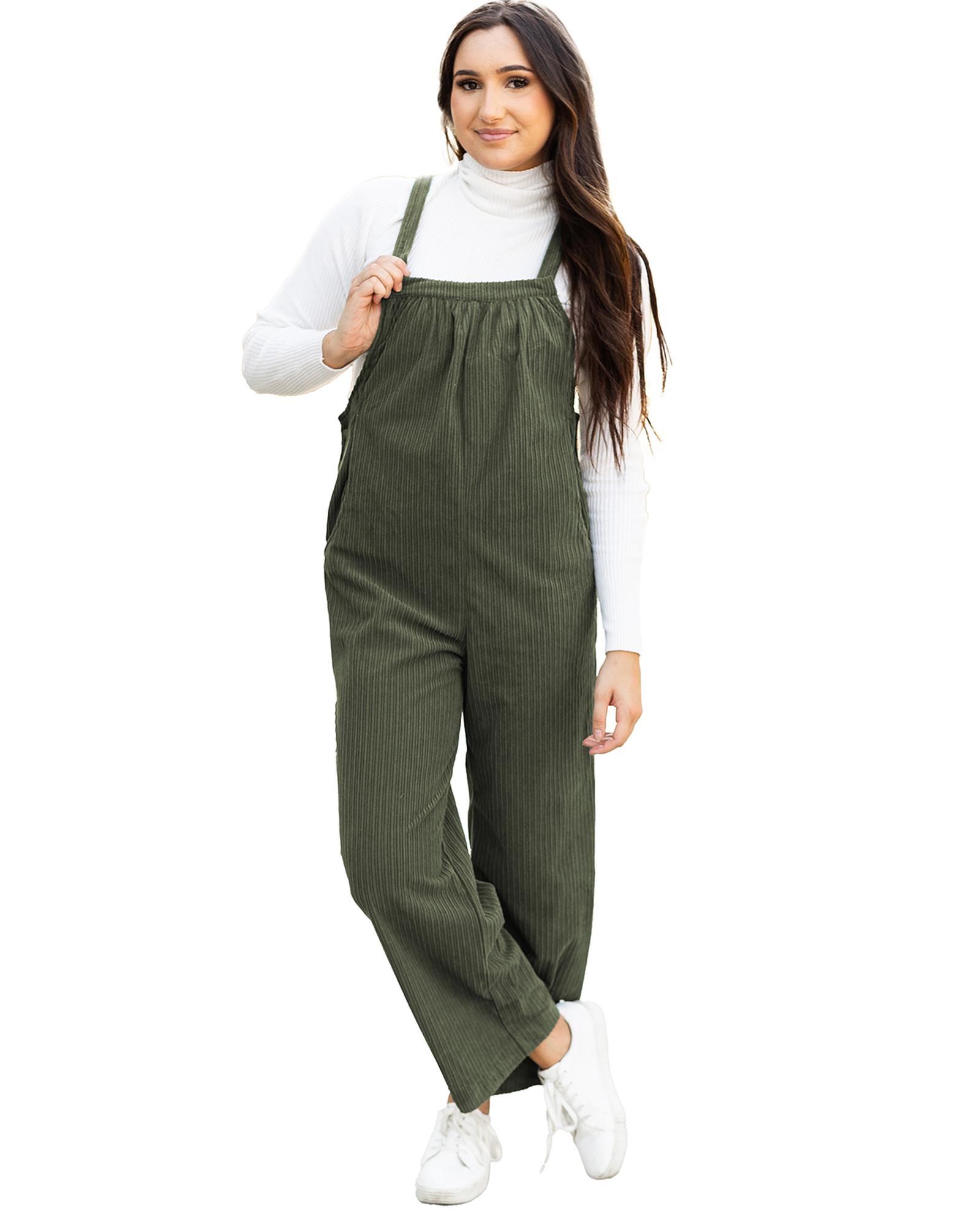 V539-AZEXDC7721077-P609-L-202508280510-06 Jungle Green Solid Pocketed Loose Fit Corduroy Overall - L - Image 7