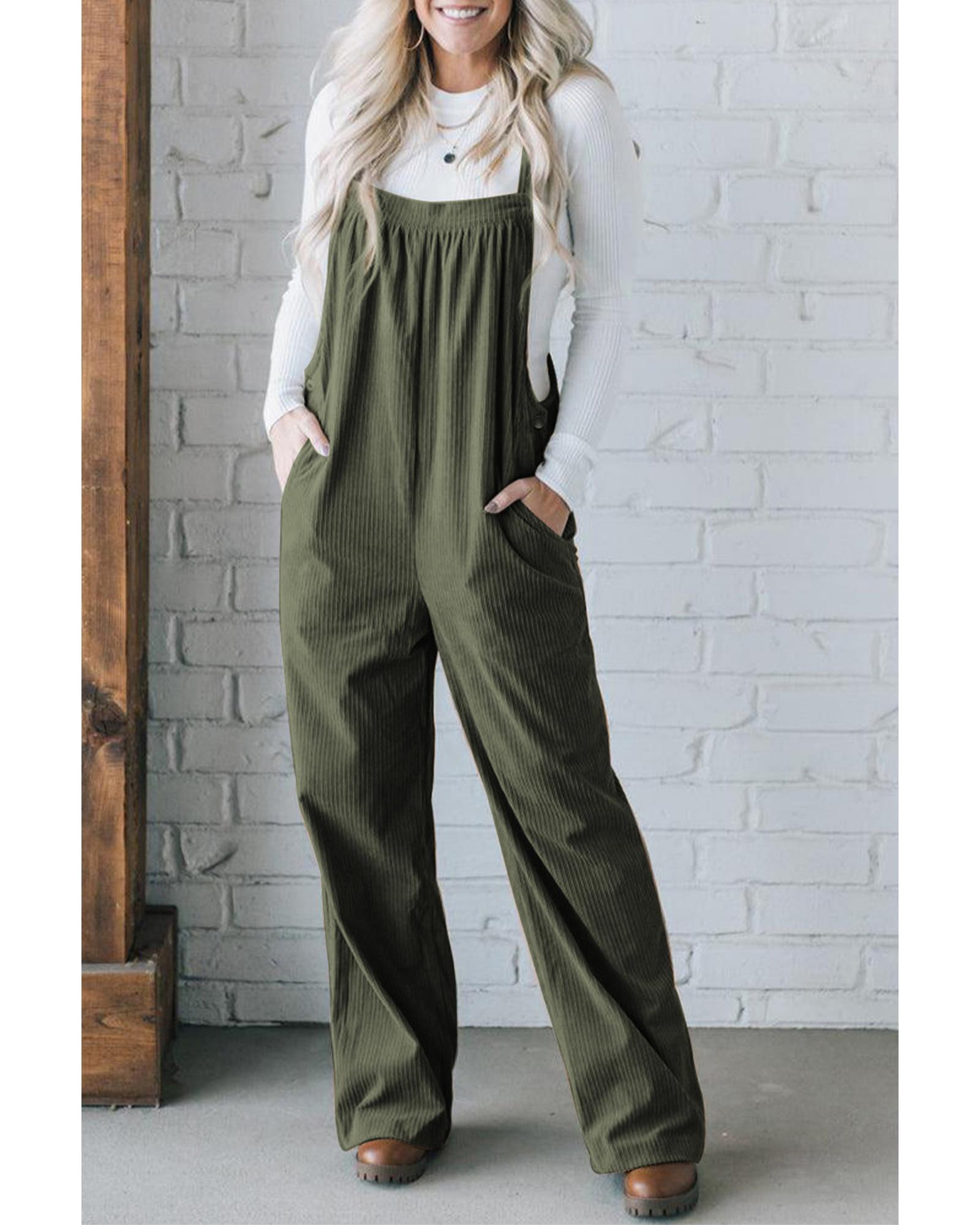 V539-AZEXDC7721077-P609-L-202508280510-07 Jungle Green Solid Pocketed Loose Fit Corduroy Overall - L - Image 8