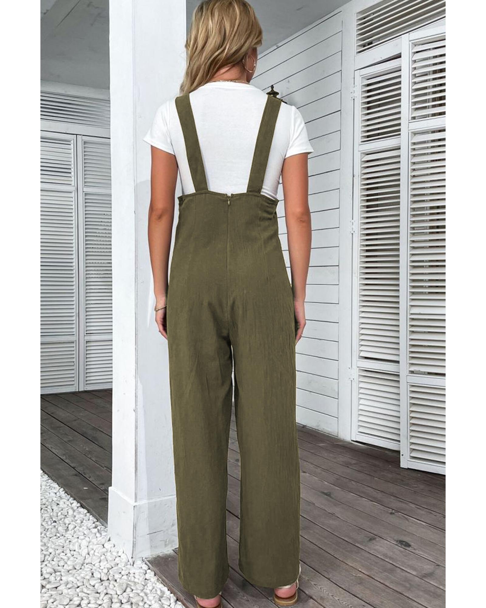 V539-AZEXDC7721094-P609-S-202506150846-01 Jungle Green Solid Color Buttoned Straight Leg Overall - S - Image 2