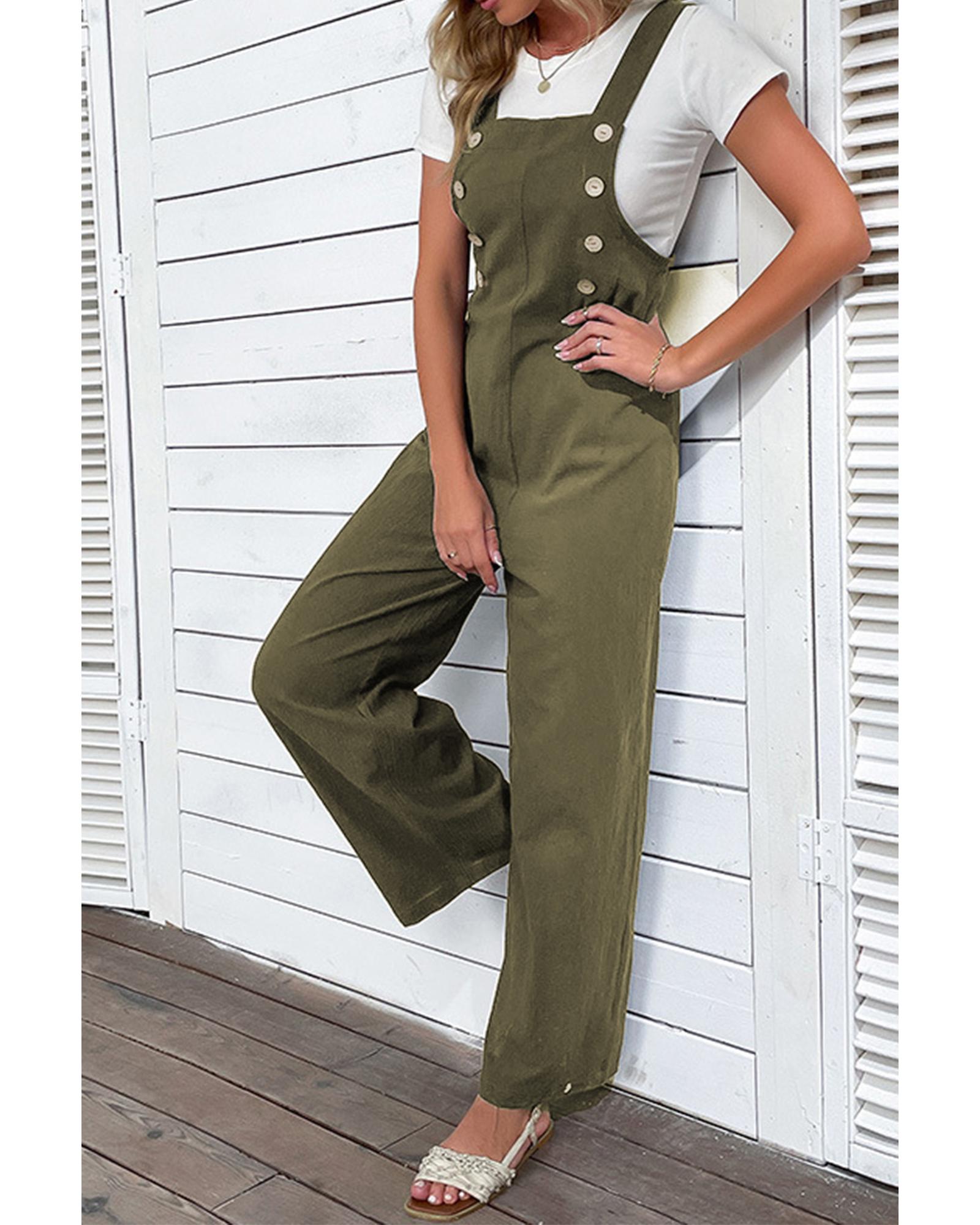 V539-AZEXDC7721094-P609-XL-202508280045-02 Jungle Green Solid Color Buttoned Straight Leg Overall - XL - Image 3