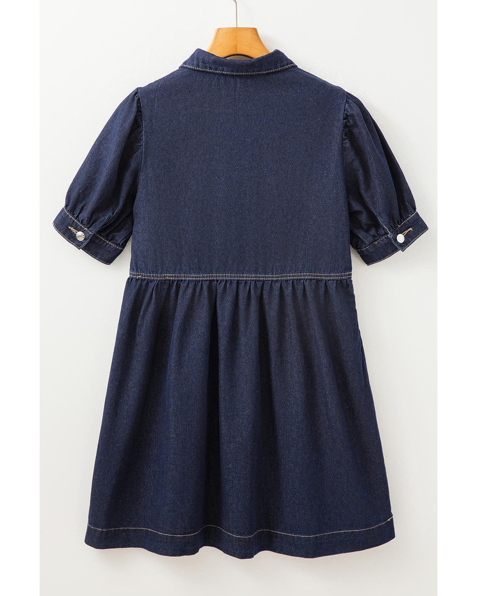 V539-AZEXDC786768-P1005-L-202508301900-00 Dirty blue Zipped up Bodice Collared Short Puff Sleeve Denim Dress - L - Image 1