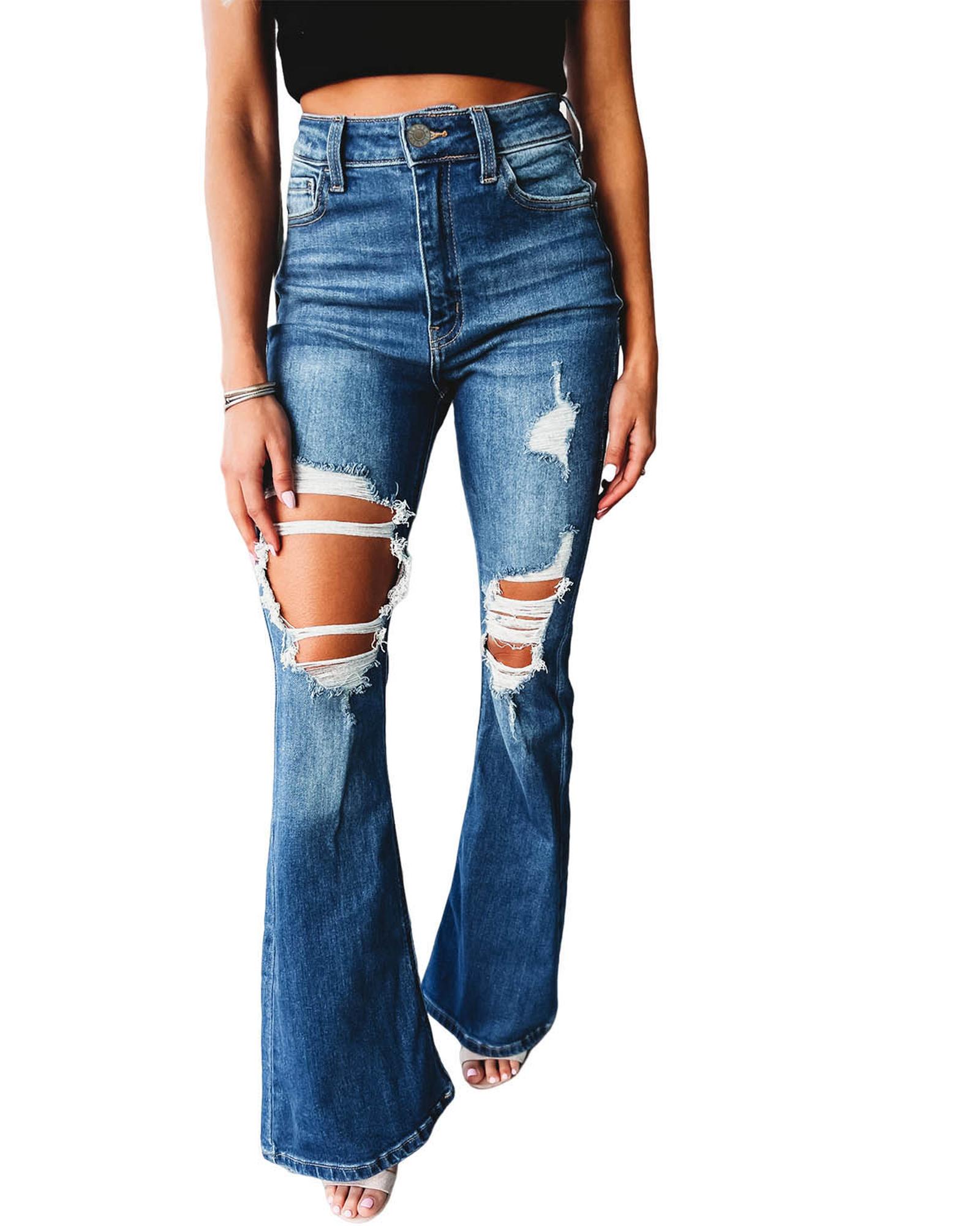 V539-AZEXDC7874145-5-14-202508291200-01 Azura Exchange Distressed Cutout Flare Leg Jeans - 14 US - Image 2