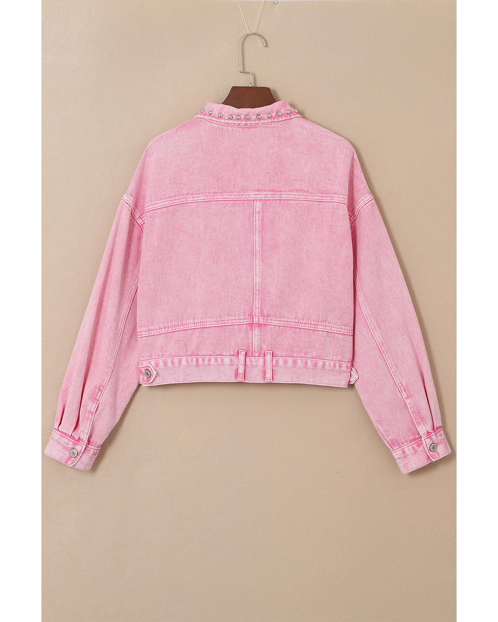V539-AZEXDC788422-P10-L-202508282200-00 Pink Rivet Studded Pocketed Denim Jacket - L - Image 1