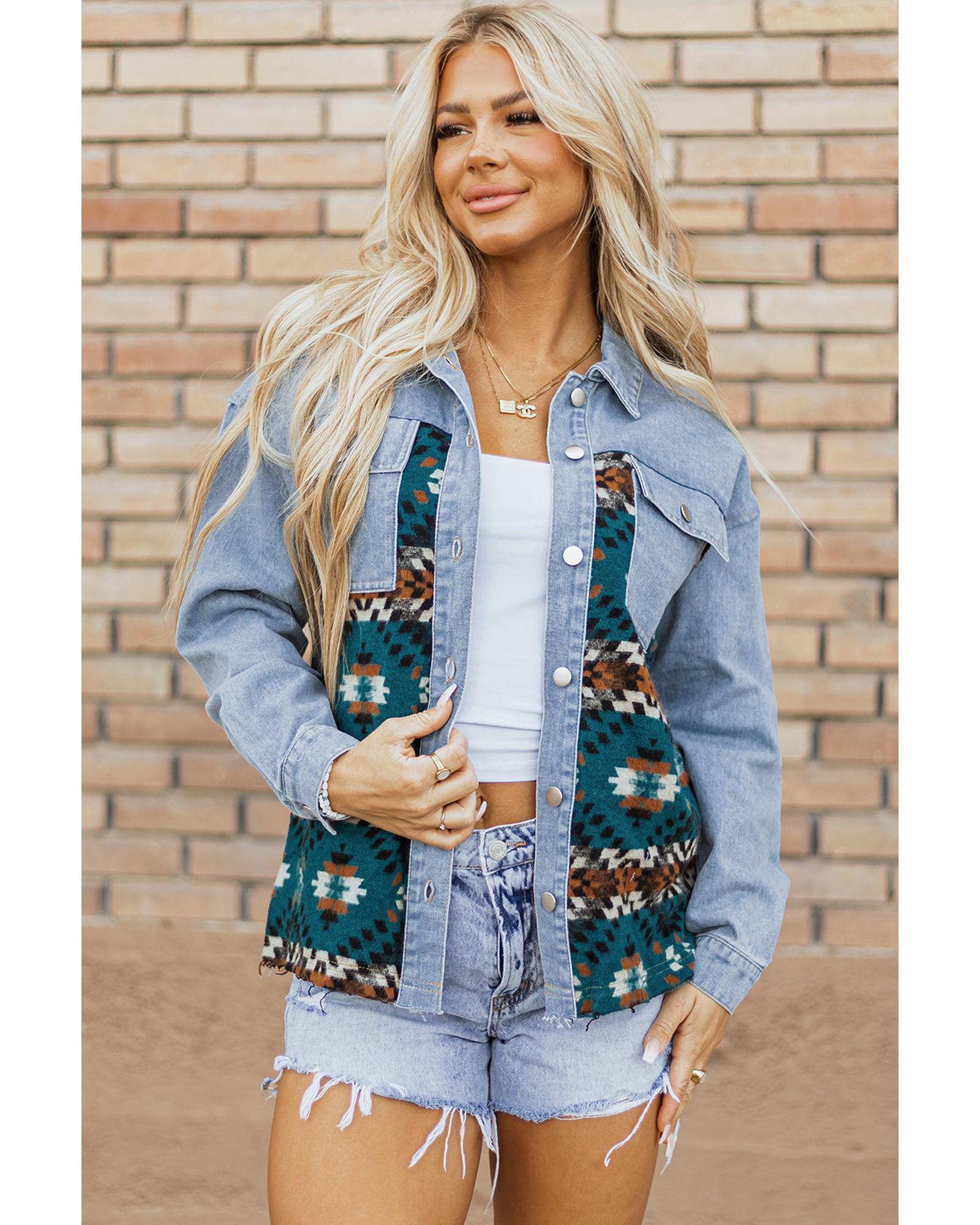 V539-AZEXDC788577-P520-L-202508300550-02 Blue Aztec Printed Denim Jacket - L - Image 3