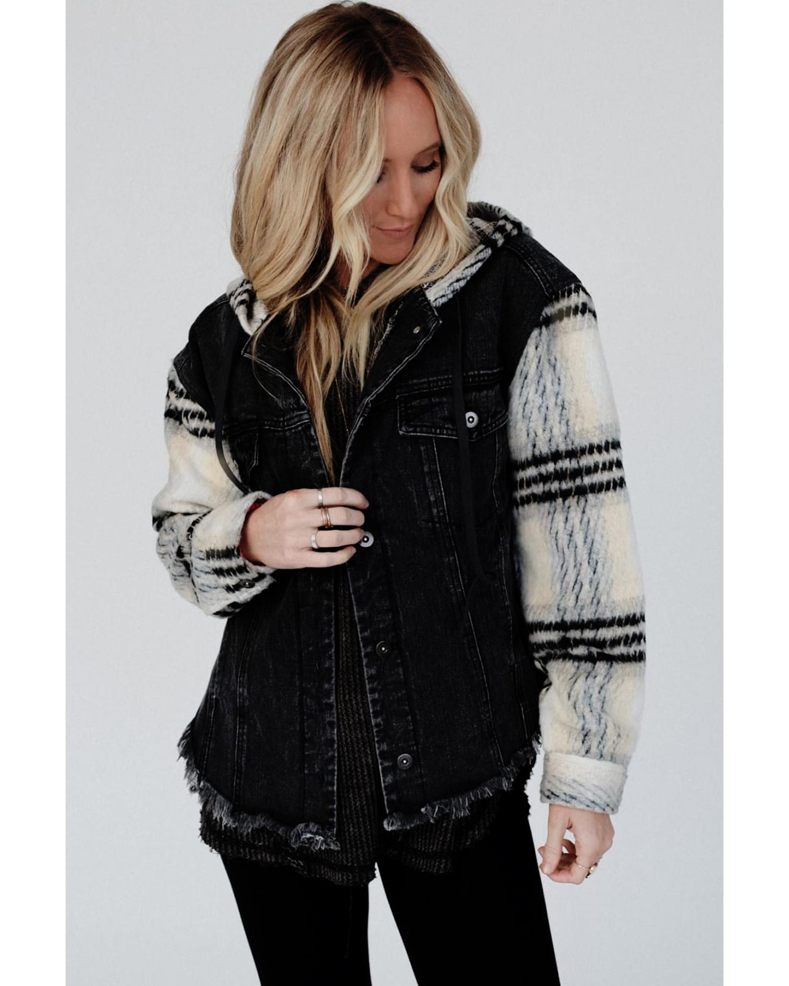 V539-AZEXDC788585-P2-XL-202508291505-00 Black Plaid Sleeve Frayed Hem Hooded Denim Jacket - XL - Image 1